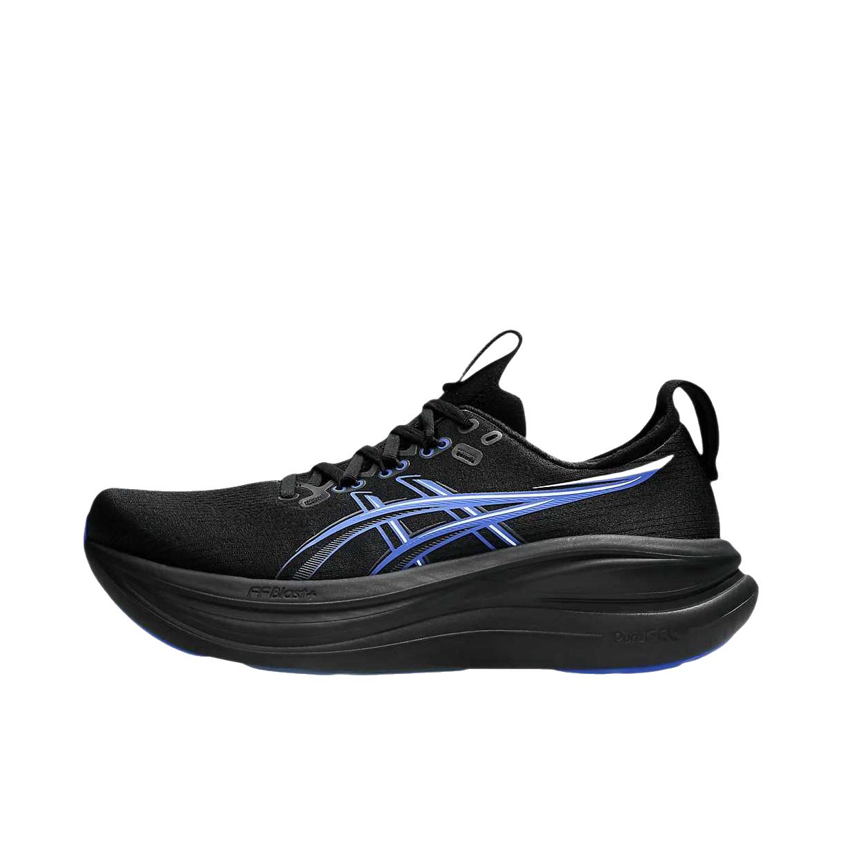 推荐商品：Asics/亚瑟士 GEL-NIMBUS 28 跑鞋 百搭时尚舒适圆头减震回弹夜跑轻便贴合支撑网面抓地慢跑缓冲缓震马拉松训练防滑冬季稳定竞速增高通勤鞋 黑色/荧光蓝