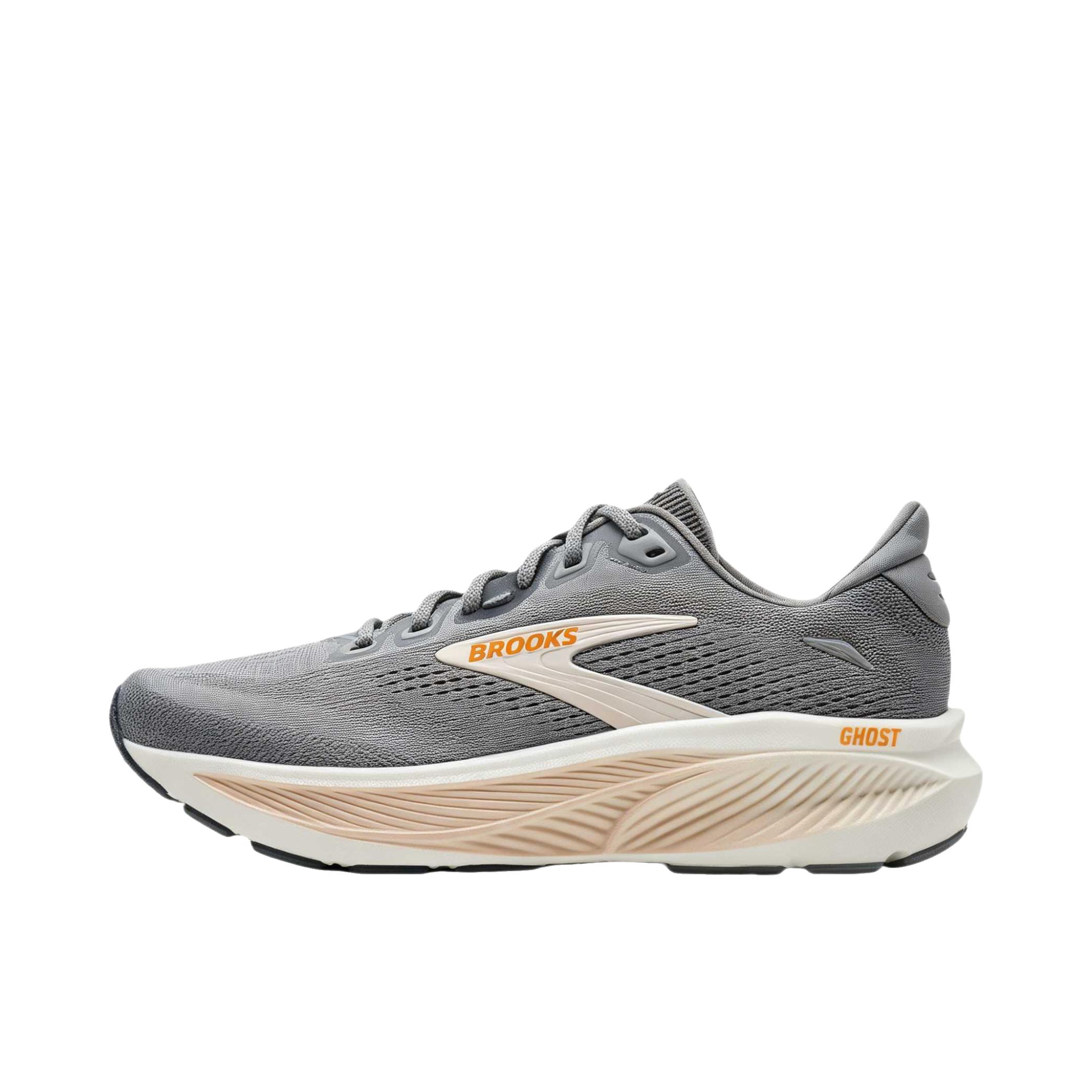推荐商品：Brooks/布鲁克斯 幽灵Ghost 18 跑鞋 圆头舒适减震支撑 灰色/摩根石色/椰子色