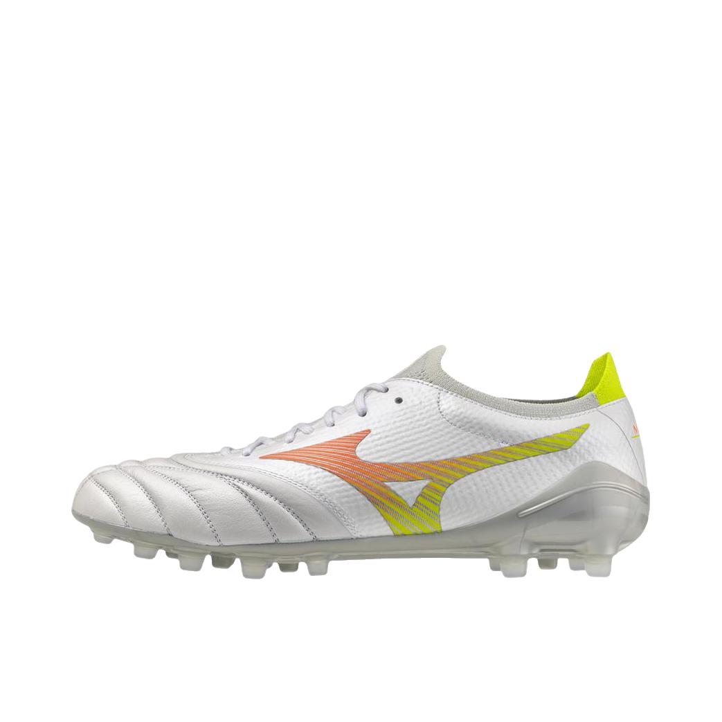 推荐商品：Mizuno/美津浓 MORELIA NEO V β ELITE AG 足球鞋 胶质短钉人造草地舒适贴合 白色/熔岩橙色