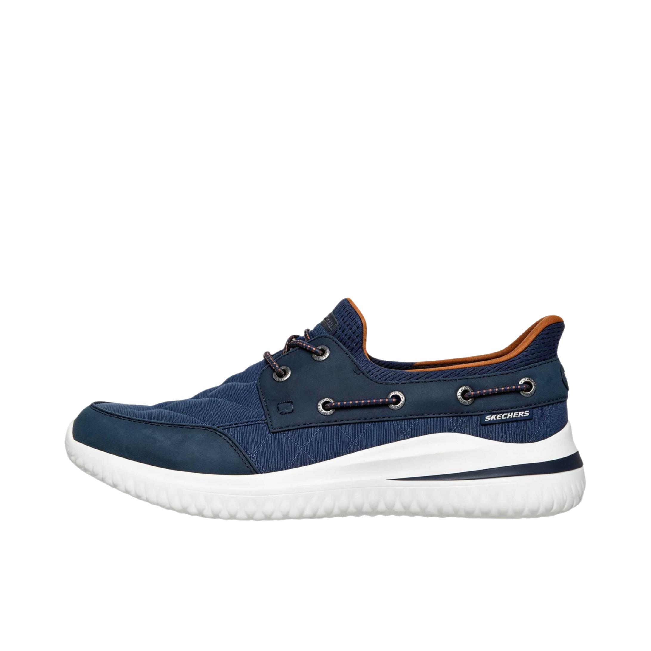推荐商品：Skechers/斯凯奇 Delson 3.0 运动休闲鞋 透气缓震耐磨 皮革/低帮/海军蓝