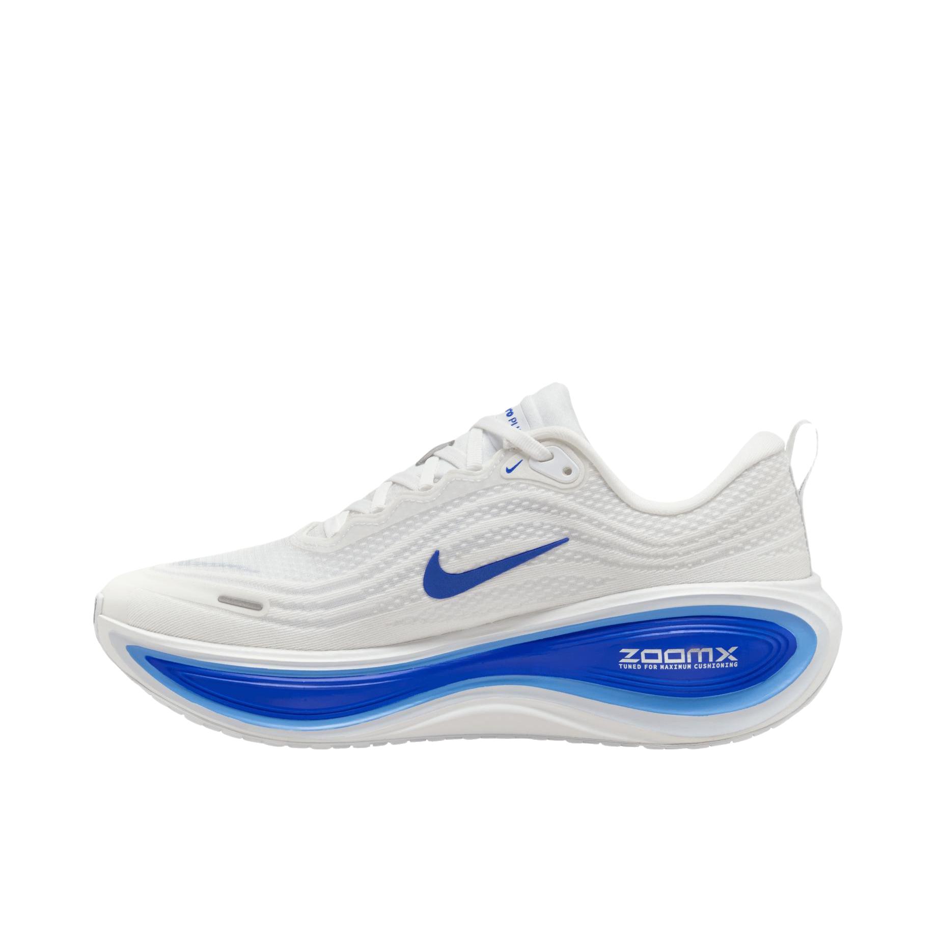推荐商品：Nike Vomero Plus 超级迈柔 跑鞋 耐磨系带回弹网布支撑缓震轻便训练防滑贴合圆头 蓝色/白色