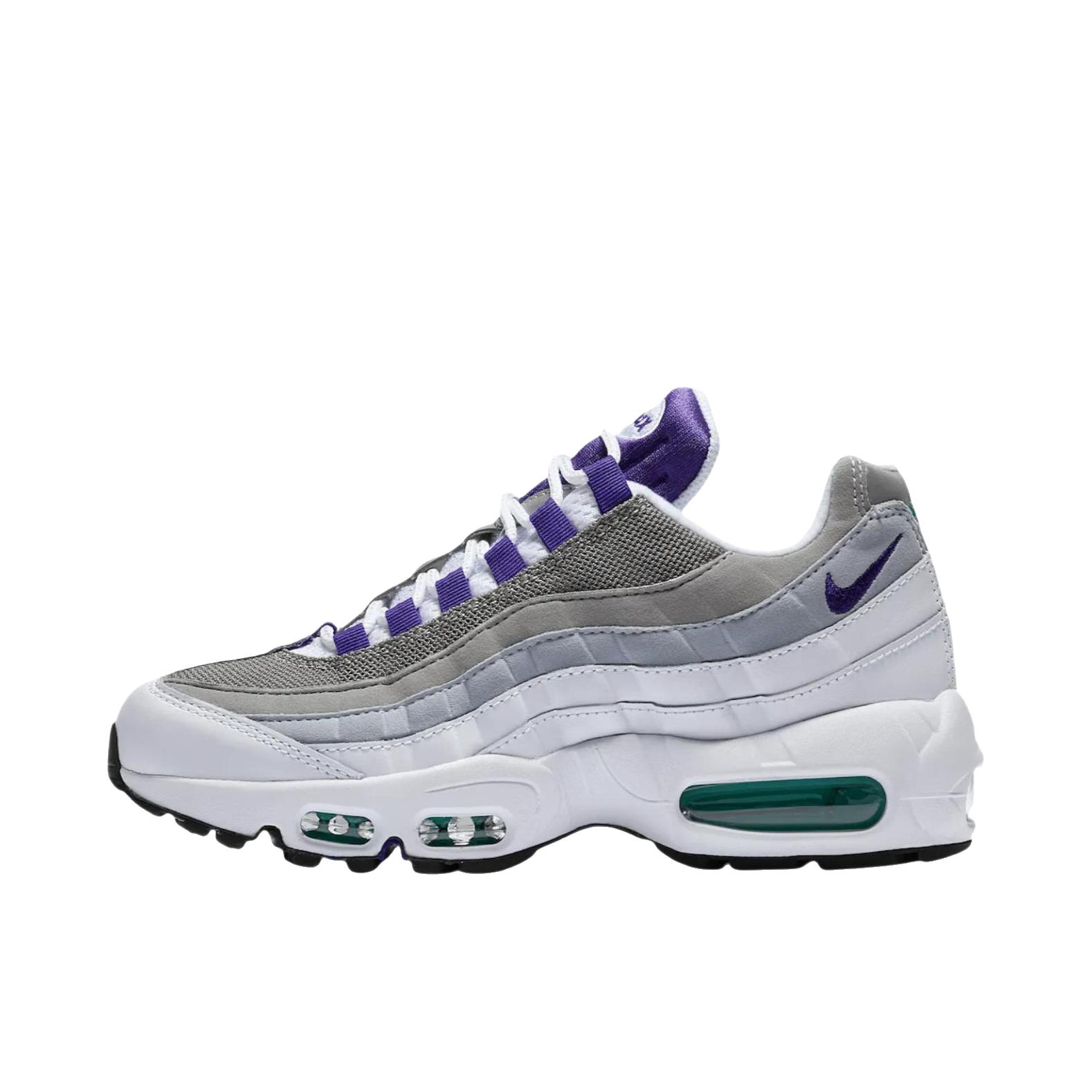 推荐商品：Nike Air Max 95 跑鞋 潮流时尚复古百搭防滑耐磨舒适透气防水气垫织物支撑低帮缓震贴合耐用圆头 低帮/白色/紫色