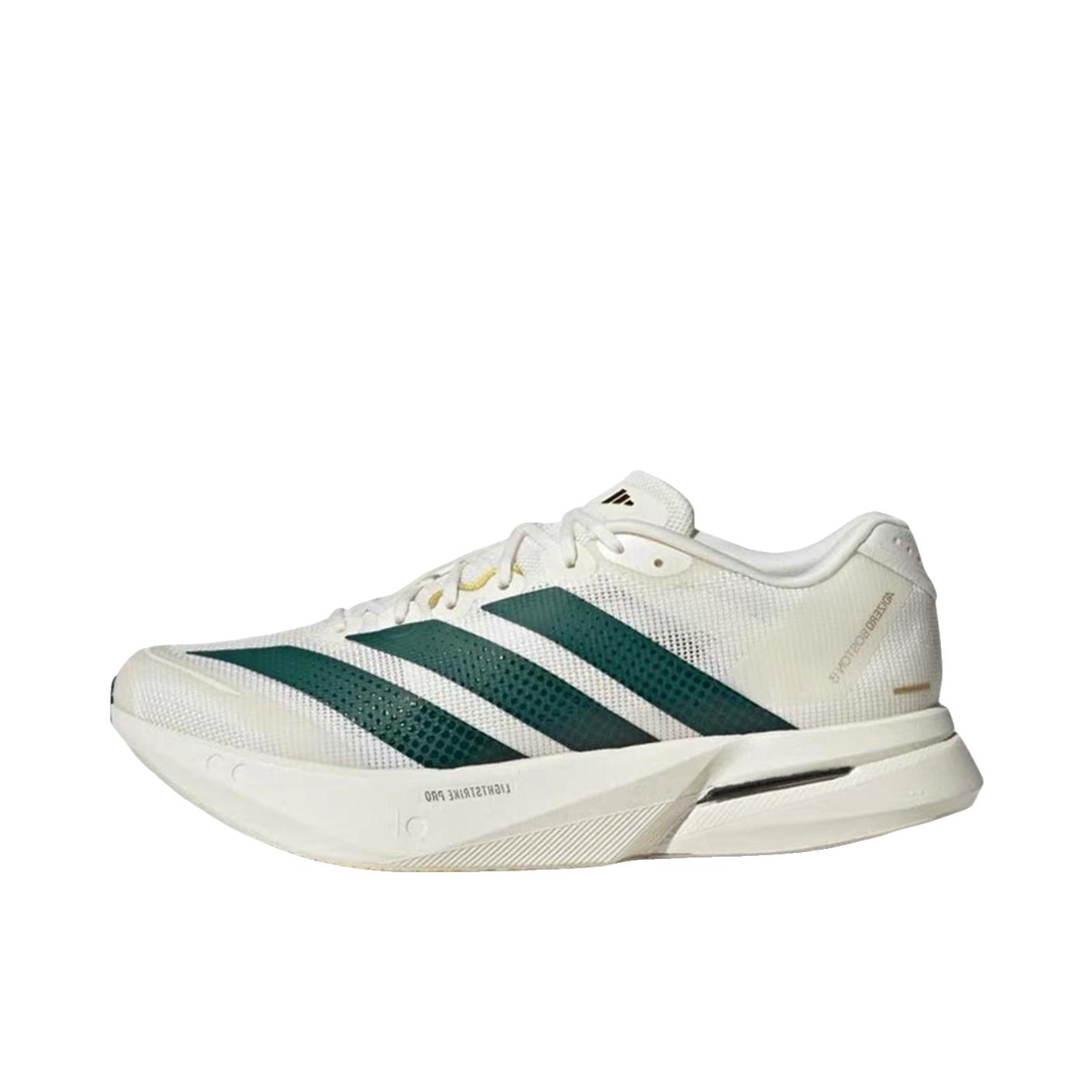 推荐商品：adidas Adizero Boston 13 跑鞋 低帮系带防滑耐磨透气玻纤柱竞训支撑贴合 白色/绿色