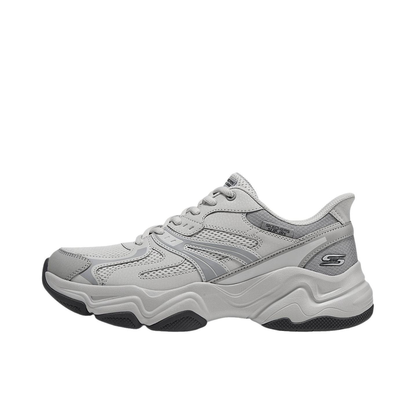 推荐商品：Skechers/斯凯奇 DLITES 老爹鞋 时尚透气减震耐磨人造革网布支撑增高一脚蹬轻便防滑 浅灰色/多彩色