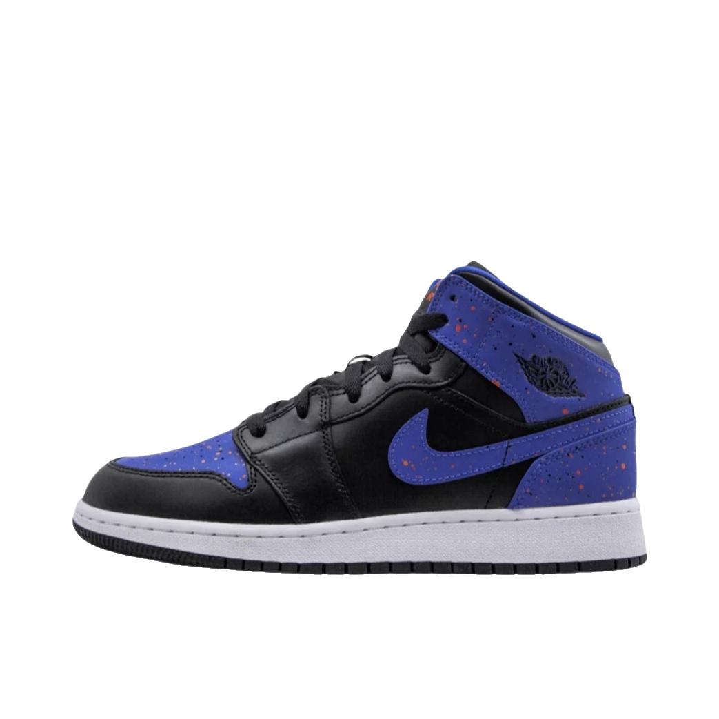 推荐商品：Air Jordan 1 板鞋 运动休闲鞋 复古潮流支撑合成革 Mid Royal Paint Splatter 中帮/黑蓝泼墨