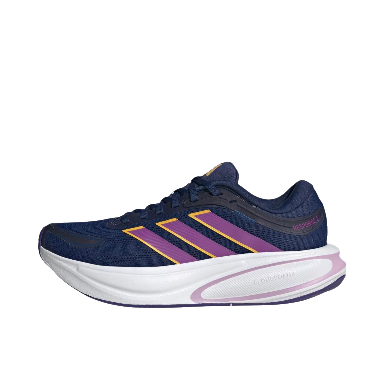 推荐商品：adidas Response 2.0 跑鞋 舒适时尚耐磨回弹支撑贴合圆头 低帮/女款/深蓝色/紫色渐变/船员黄