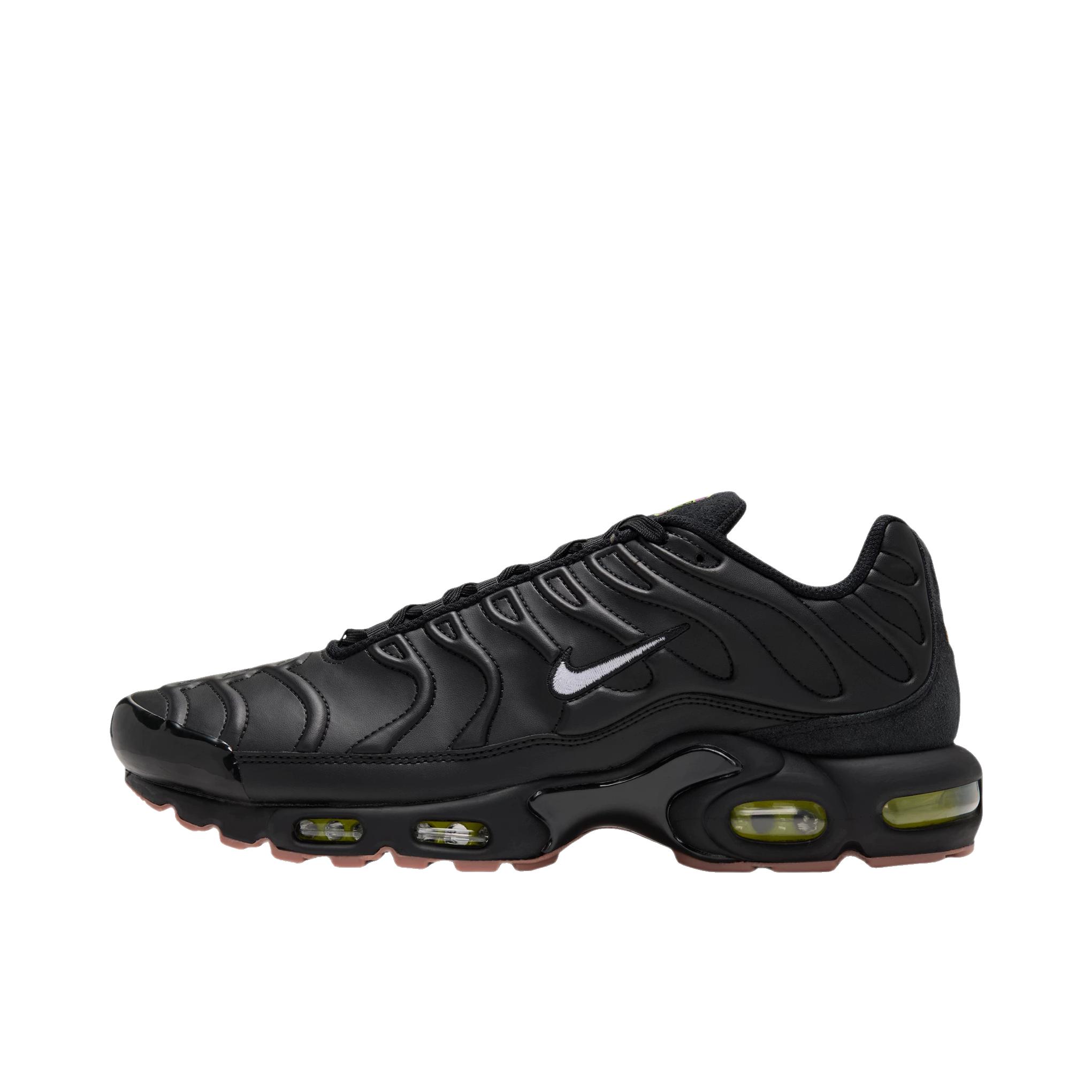 推荐商品：Nike Air Max Plus 跑鞋 休闲舒适轻便网布透气防滑耐磨气垫缓震包裹性贴合圆头 黑色/白色/橡皮中褐/荧光黄