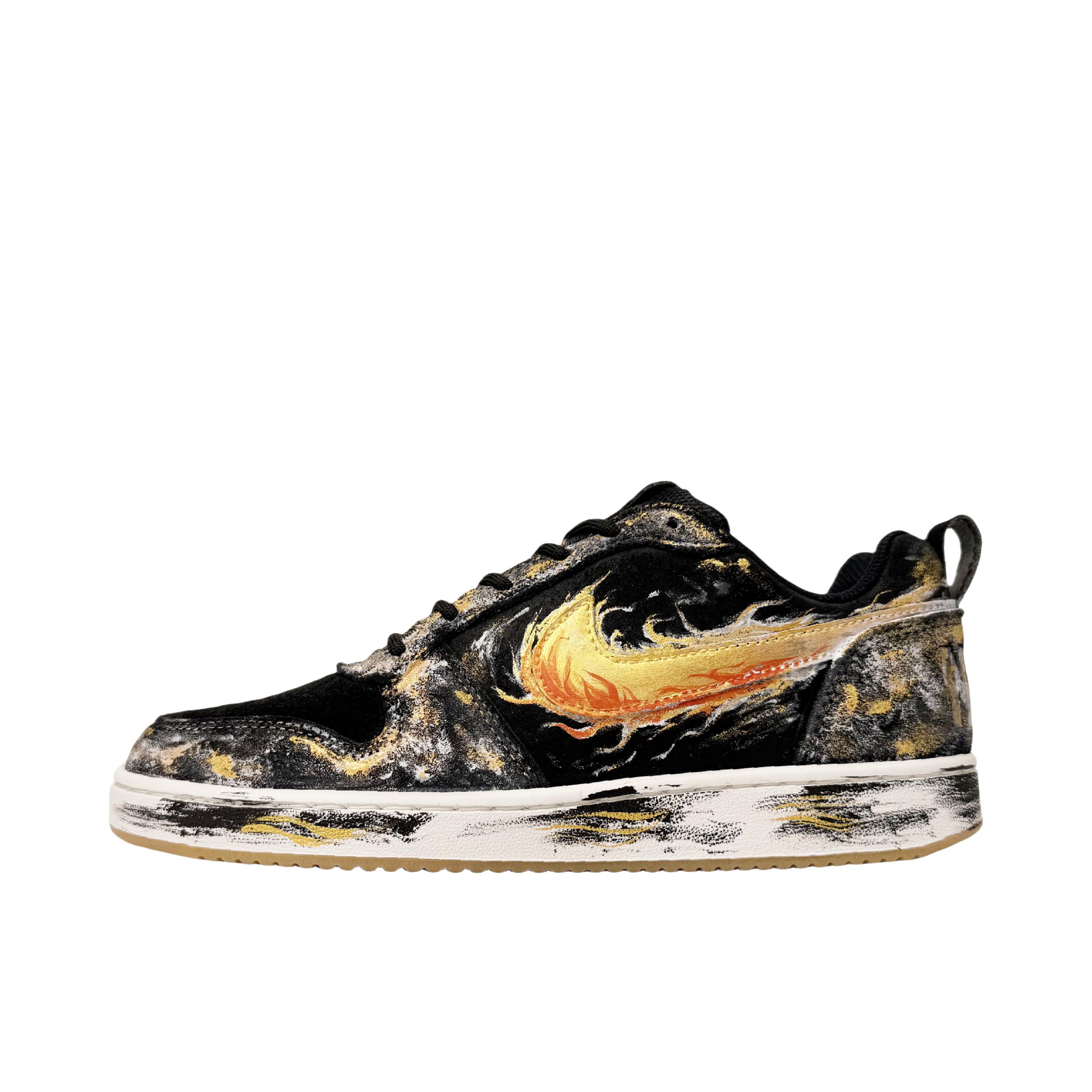 推荐商品：【定制球鞋】 Nike Court Borough 板鞋 防滑防水轻便减震手绘减龄做旧甜酷高街合成革甜妹包裹性复古婚鞋增高小白鞋薄底秋冬脏脏鞋 低帮/黑金泼墨