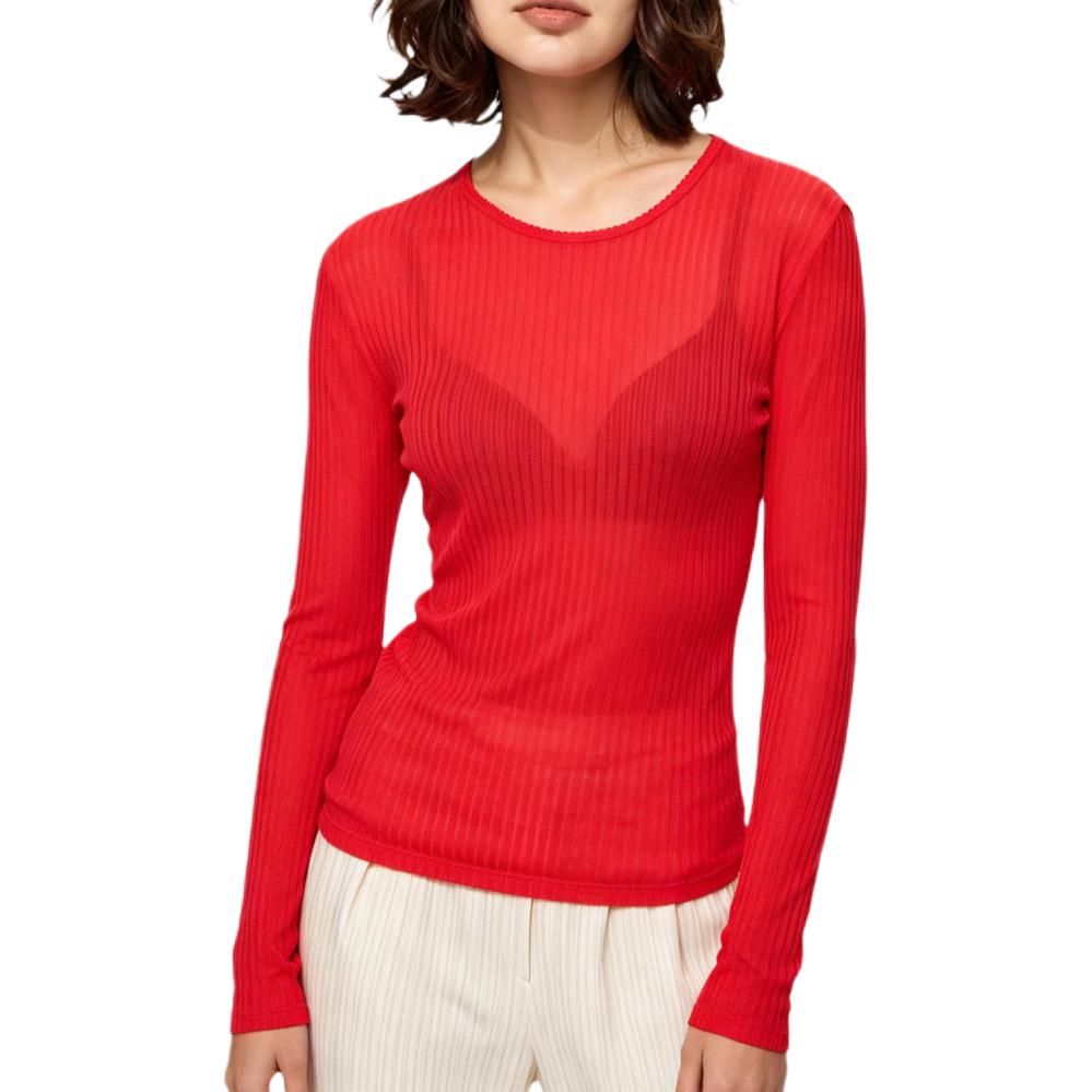 推荐商品：UNIQLO/优衣库 透气修身雪纺长袖蕾丝衫 女装 488443 红