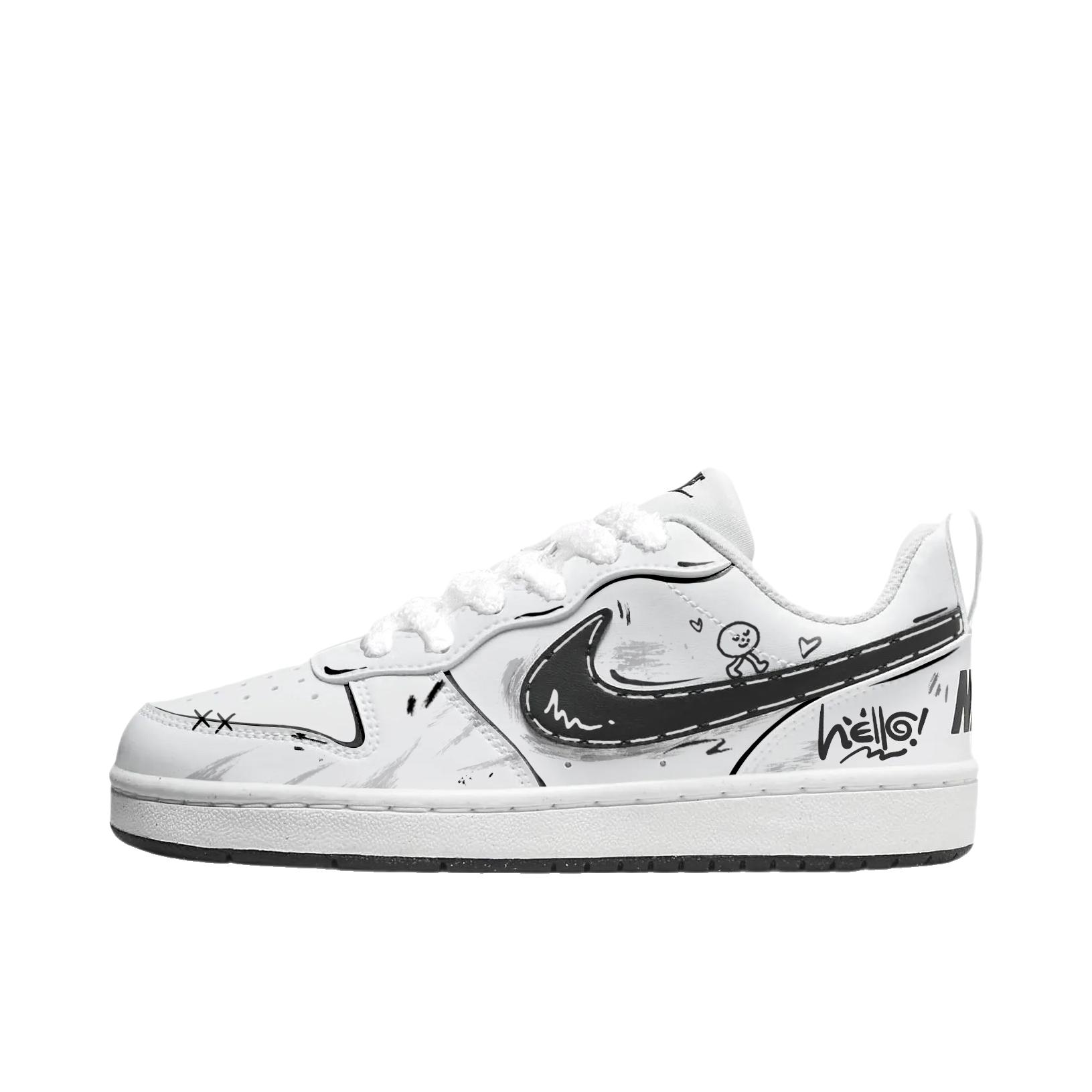 推荐商品：【定制球鞋】 Nike Court Borough 板鞋 防滑防水轻便减震手绘减龄做旧甜酷高街合成革甜妹包裹性复古婚鞋增高小白鞋薄底秋冬脏脏鞋 低帮/你好涂鸦