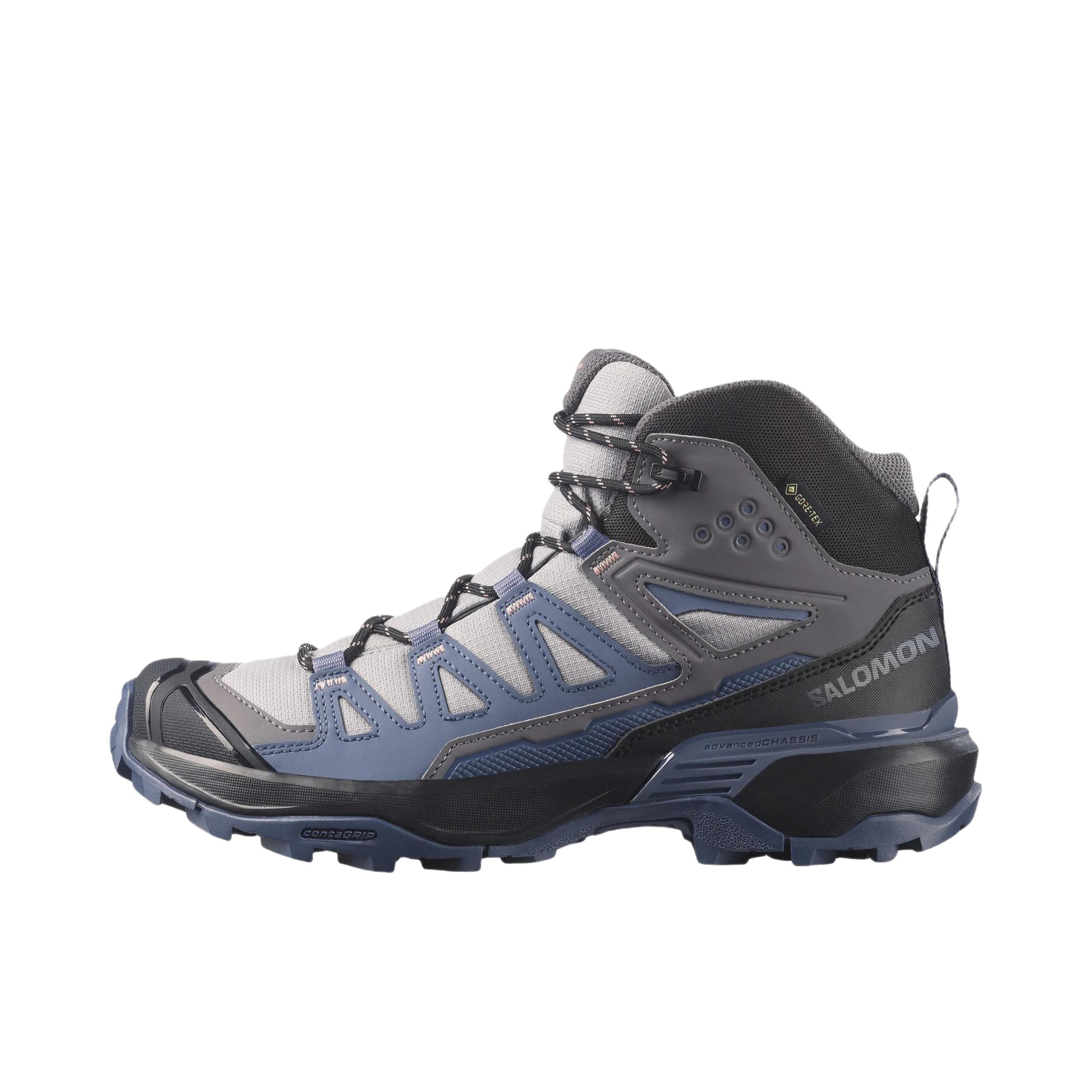 推荐商品：Salomon/萨洛蒙 X Ultra 360 减震轻便 防滑耐磨 越野耐用 防水圆头 户外鞋 徒步鞋 高帮/蓝色/灰色 