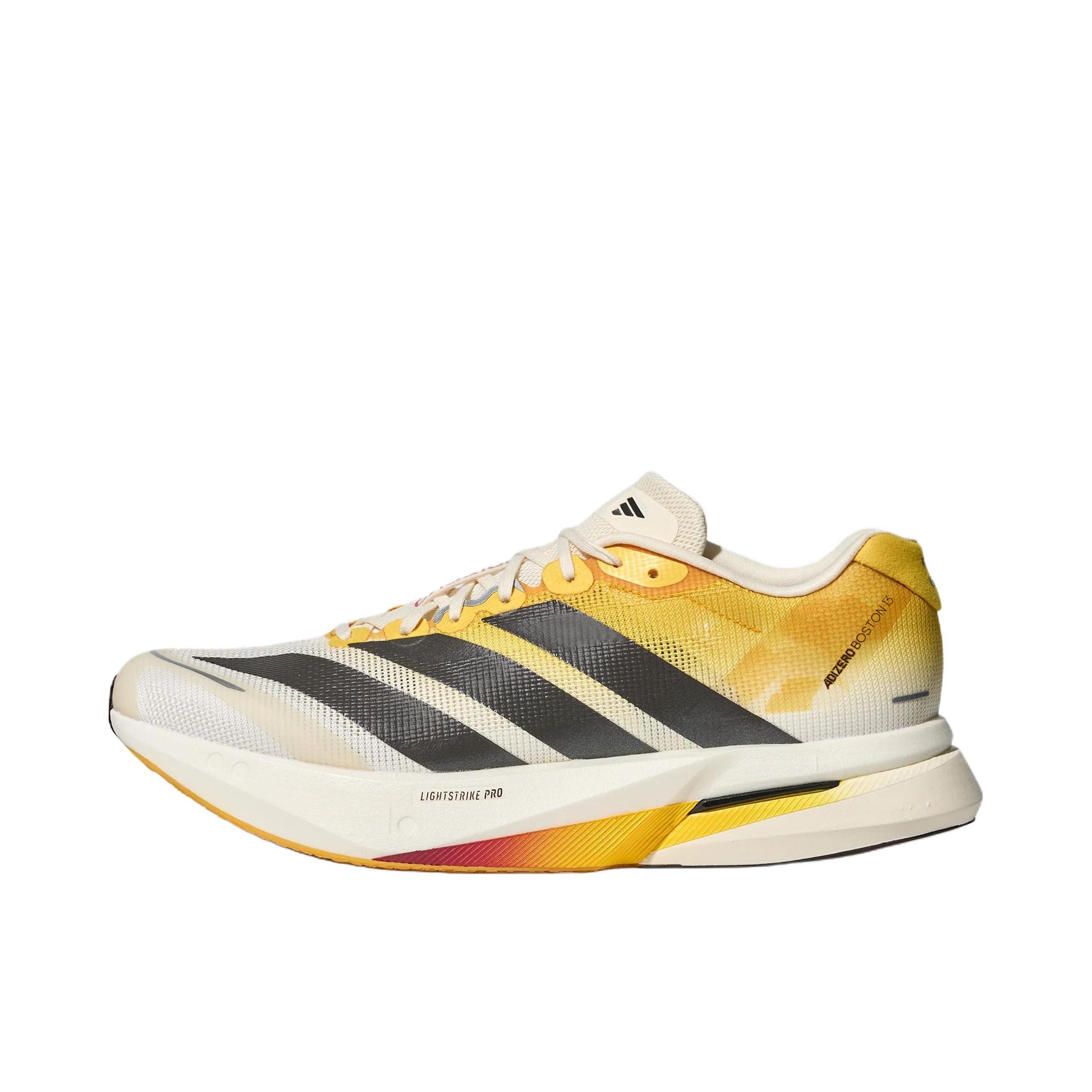 推荐商品：adidas Adizero Boston 13 跑鞋 低帮系带防滑耐磨透气玻纤柱竞训支撑贴合 低帮/乳白色/极光咖/日光黄