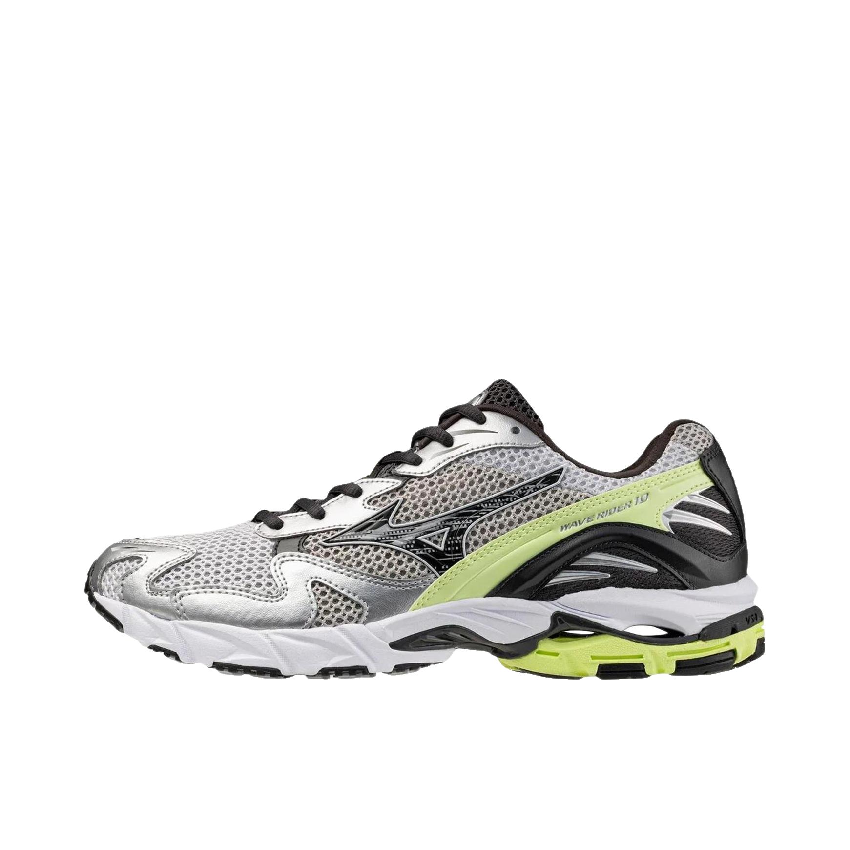 推荐商品：Mizuno/美津浓  Wave Rider 10  经典减震 防滑耐磨 轻便  网布 透气 织物 复古 合成革 运动  跑鞋 低帮/黑色/银色
