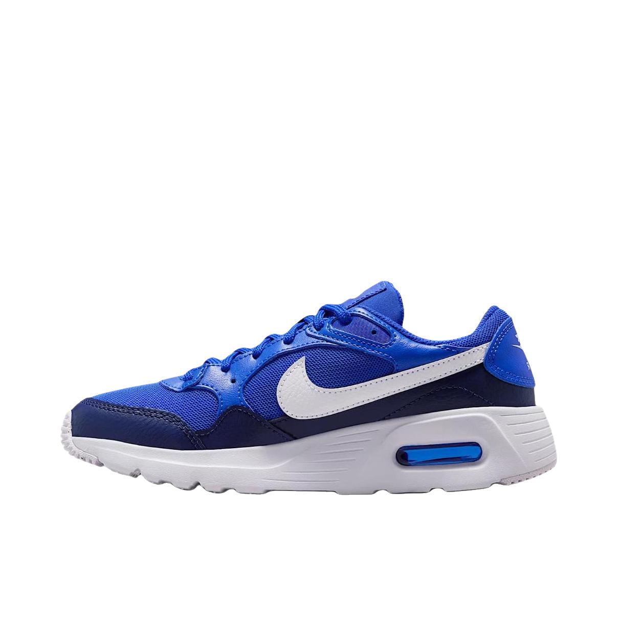 推荐商品：Nike Air Max SC 防滑耐磨 舒适缓震 网布透气 织物 气垫 减震 复古 合成革 耐穿 运动休闲鞋 GS款/低帮/蓝色 