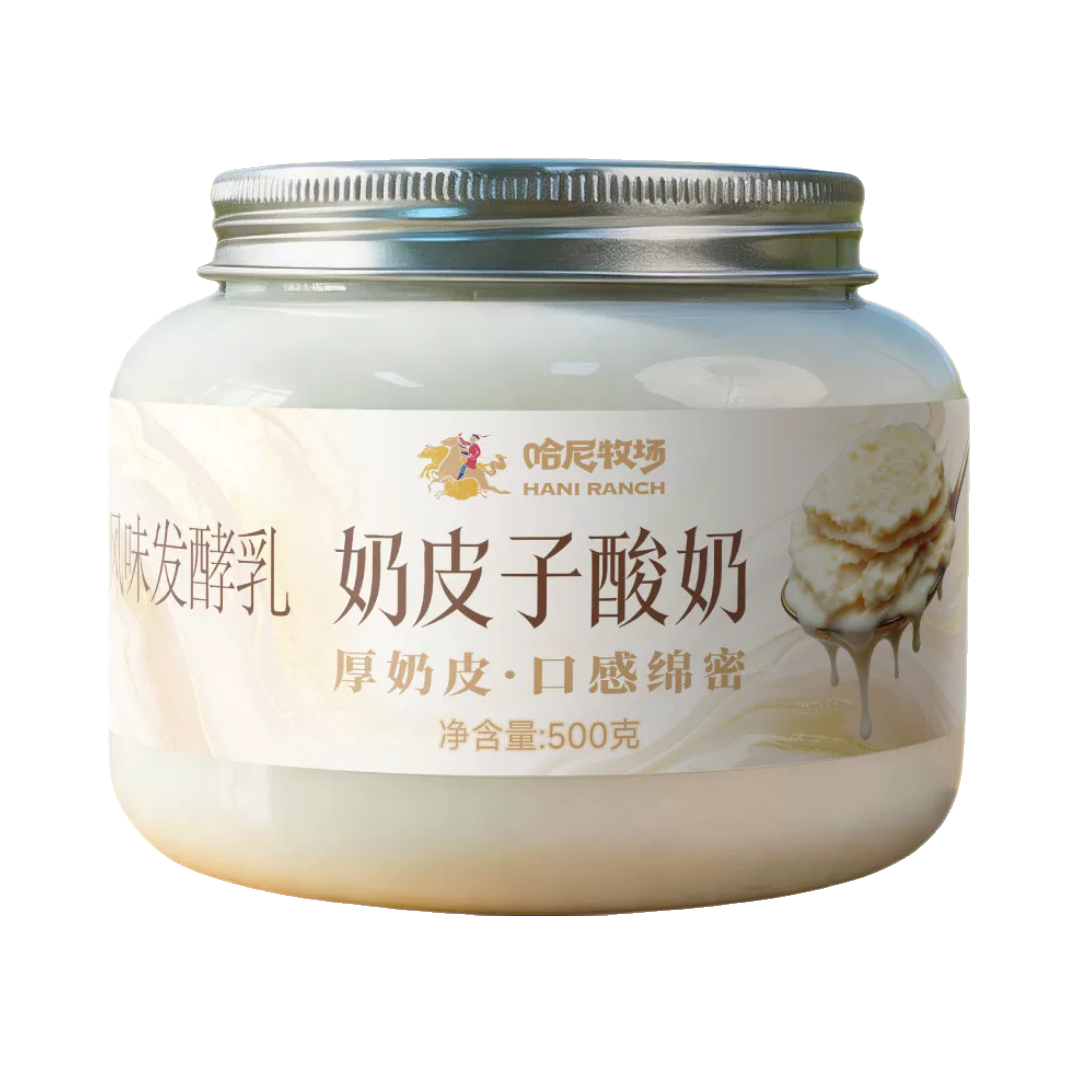 推荐商品：哈尼牧场 500g 奶皮子酸奶 罐装