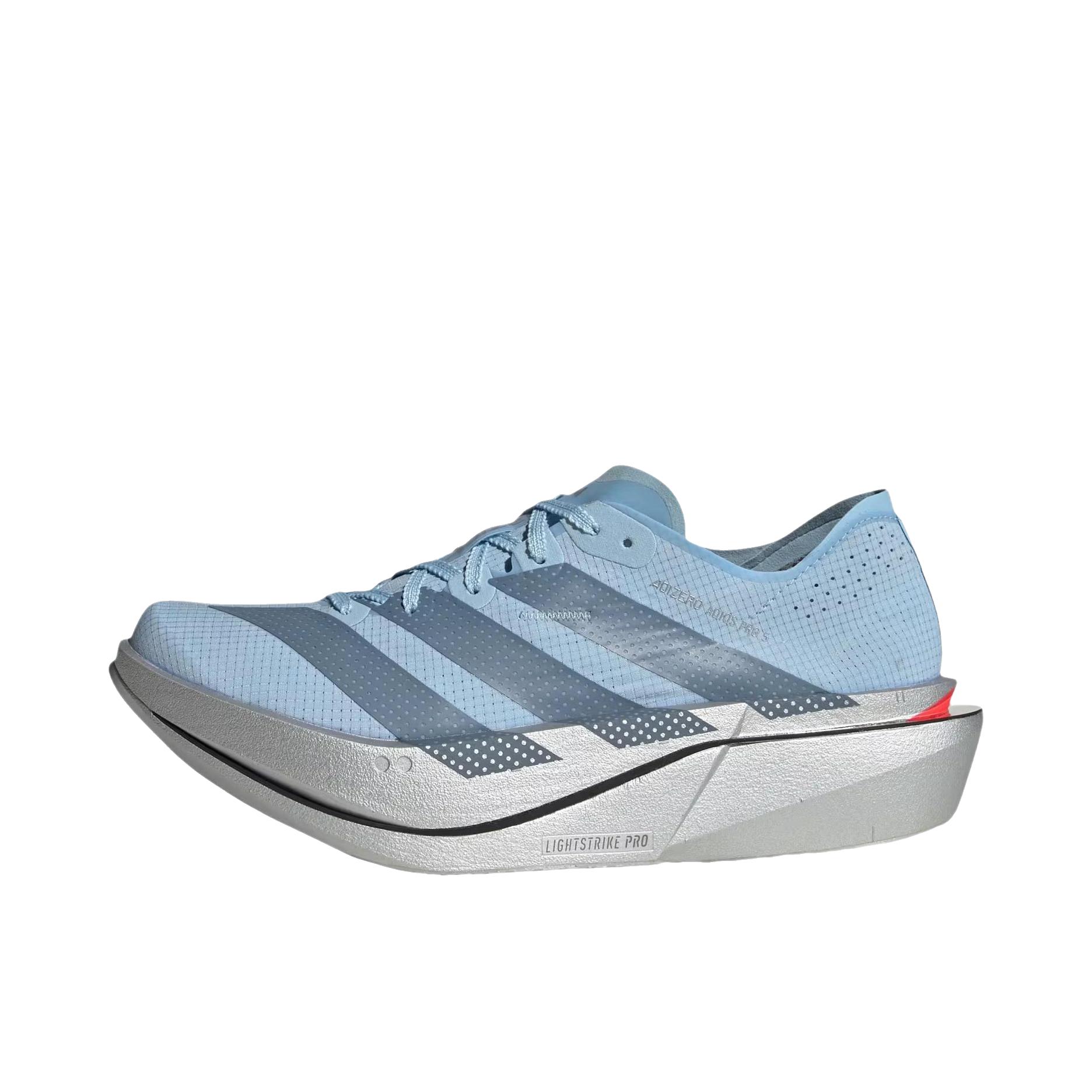 推荐商品：adidas Adizero Adios Pro 5 跑鞋 轻量化竞速碳板 低帮/晴空蓝/钢灰色/银色金属