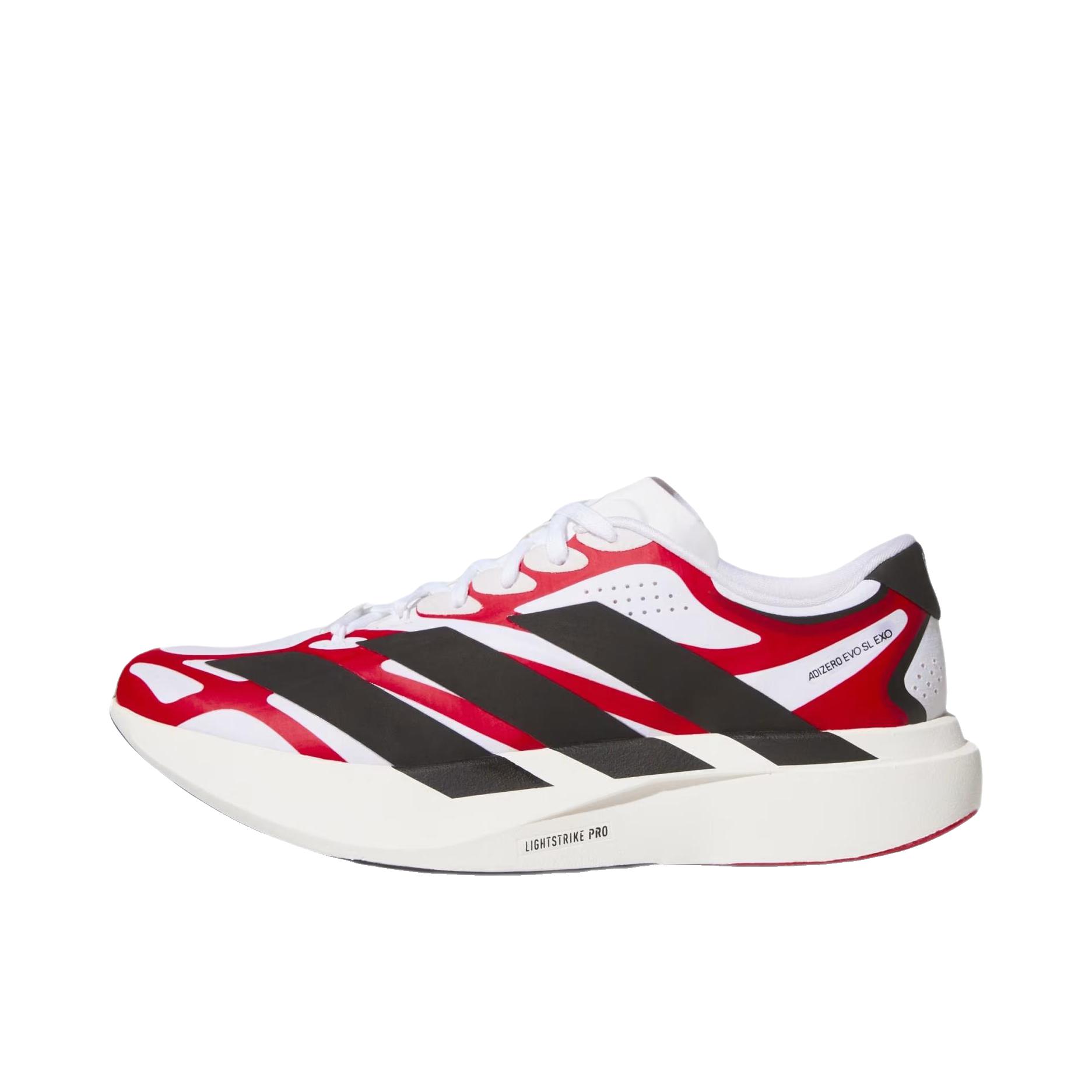 推荐商品：adidas Adizero Evo SL EXO 跑鞋 马拉松竞速橡胶回弹舒适贴合 低帮/云白色/团队力量红/核心黑