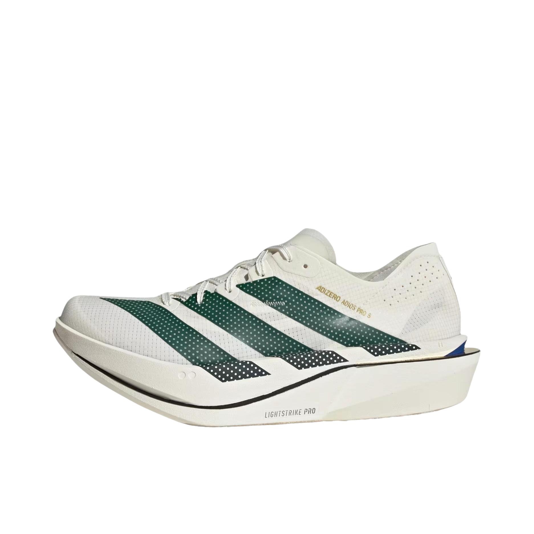 推荐商品：adidas Adizero Adios Pro 5 跑鞋 轻量化竞速碳板 低帮/米白色/学院绿/宝蓝色