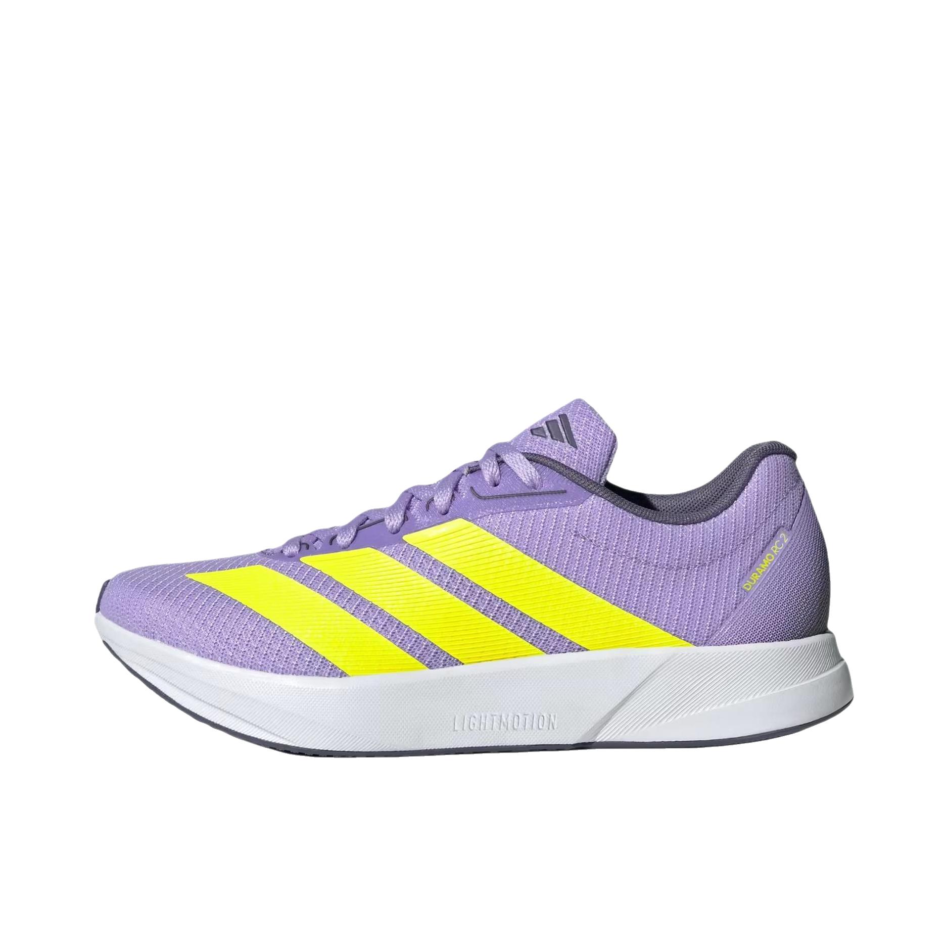 推荐商品：adidas Duramo RC 2 跑鞋 百搭舒适耐磨低帮备赛网面支撑训练缓震轻便防滑回弹排汗 低帮/荧光紫/太阳黄/复古紫