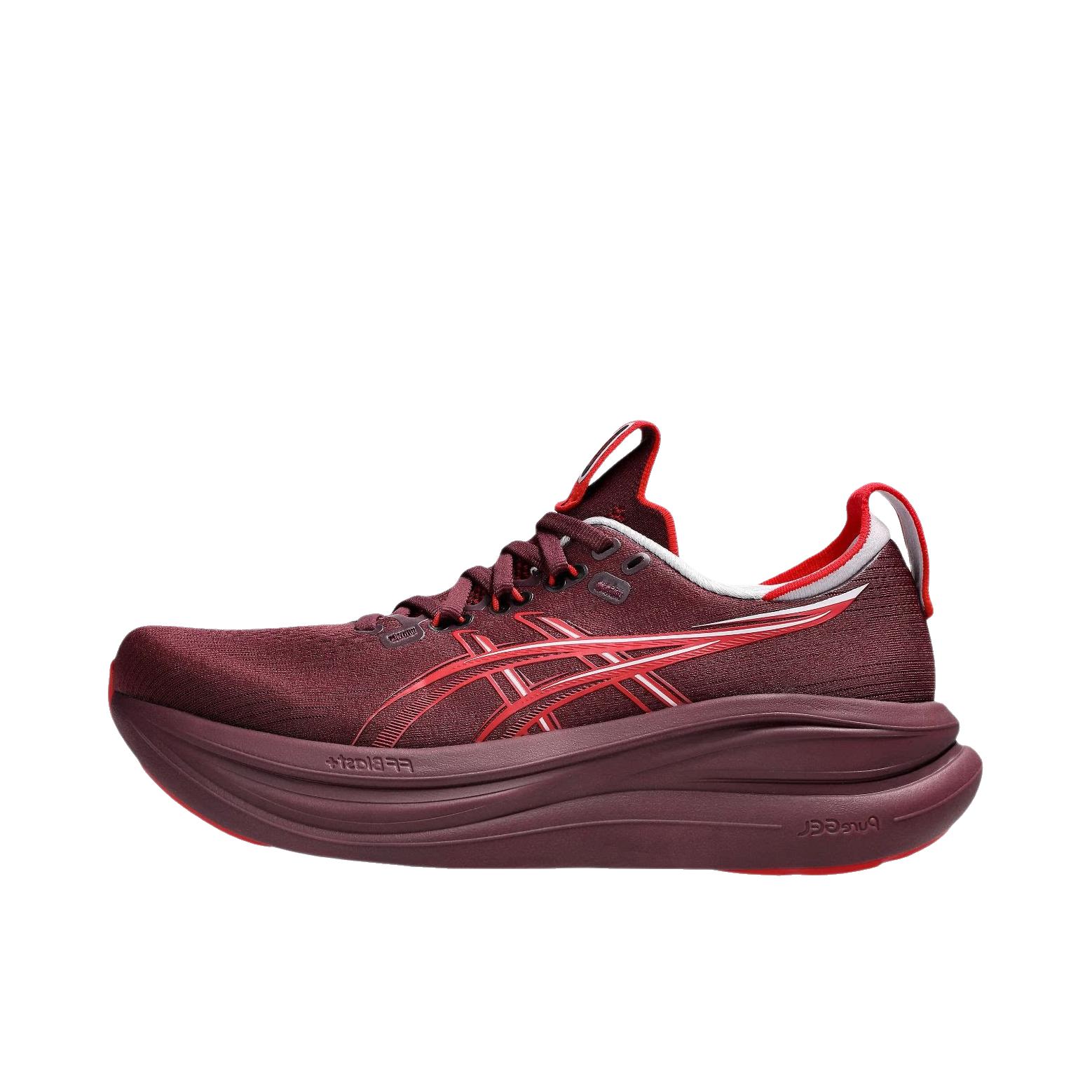 推荐商品：Asics/亚瑟士 GEL-NIMBUS 28 跑鞋 百搭时尚舒适圆头减震回弹夜跑轻便贴合支撑网面抓地慢跑缓冲缓震马拉松训练防滑冬季稳定竞速增高通勤鞋 女款/酒红色