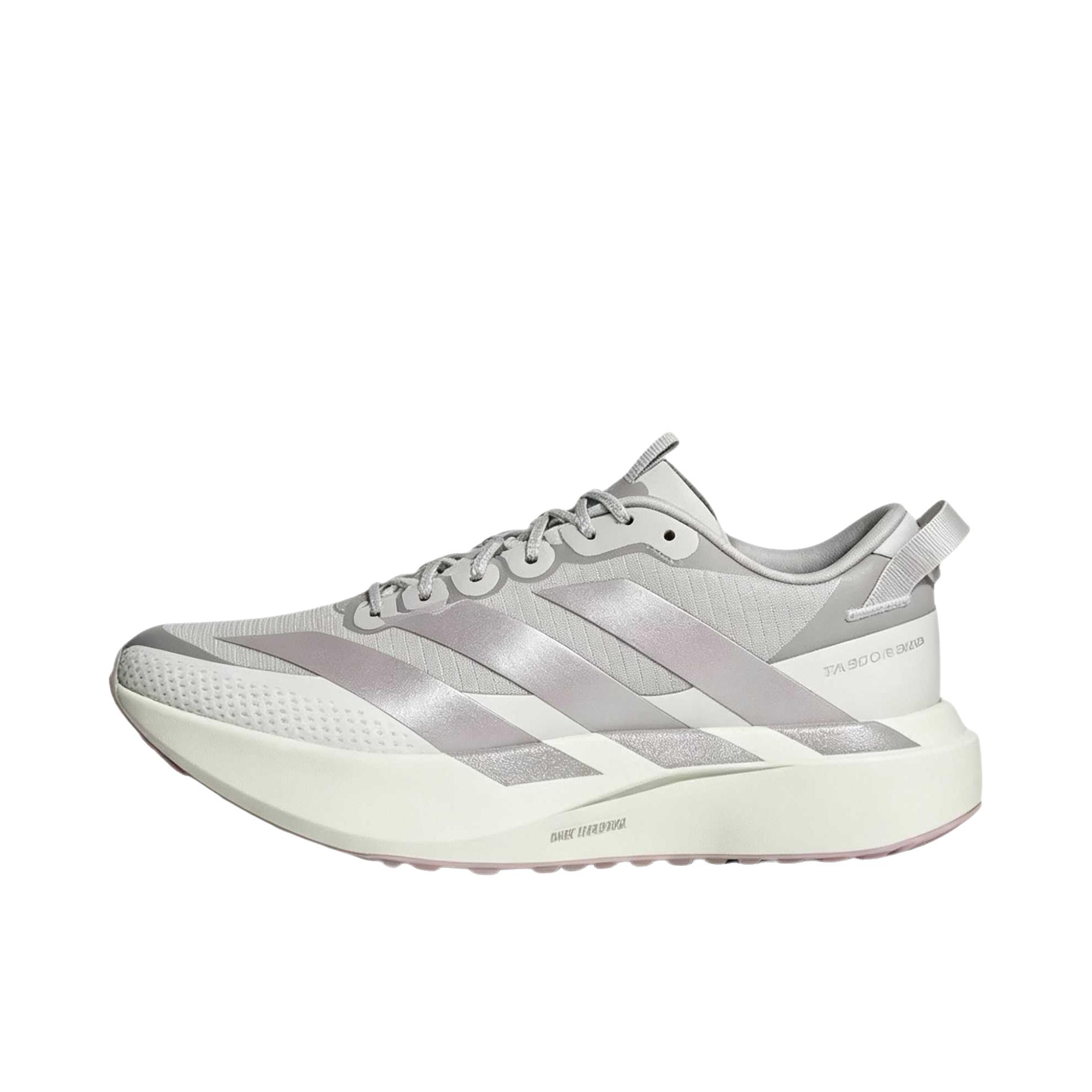 推荐商品：adidas ADIZERO EVO SL ATR 跑鞋 舒适百搭防滑耐磨防水回弹网布贴合支撑 低帮/灰色/冰紫色/白色色调