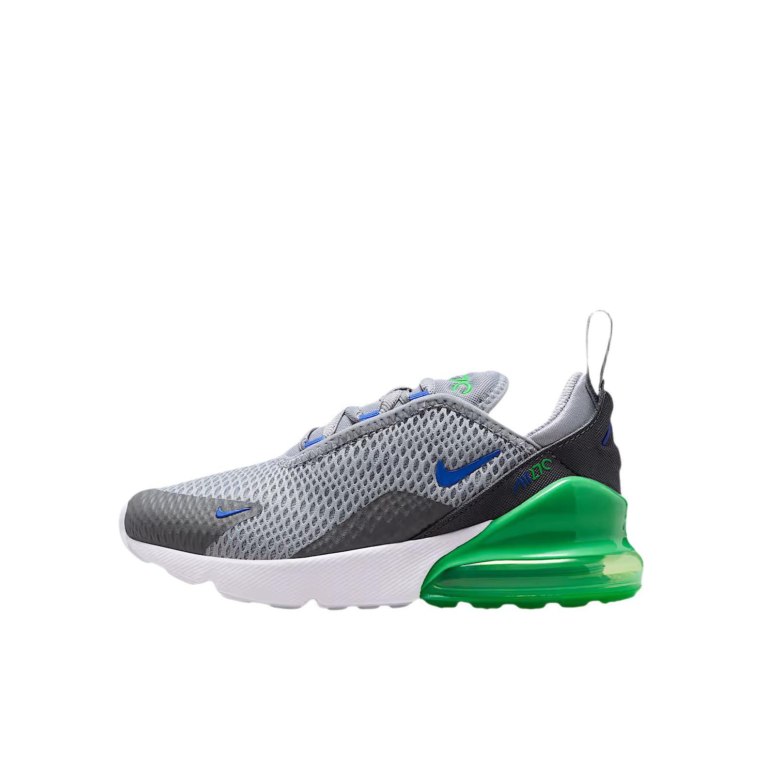 推荐商品：NIKE Air Max 270 防滑耐磨 网面透气 缓震 轻便舒适 运动鞋儿童 低帮/小童/狼灰色/烟灰色/绿火花/赛车蓝
