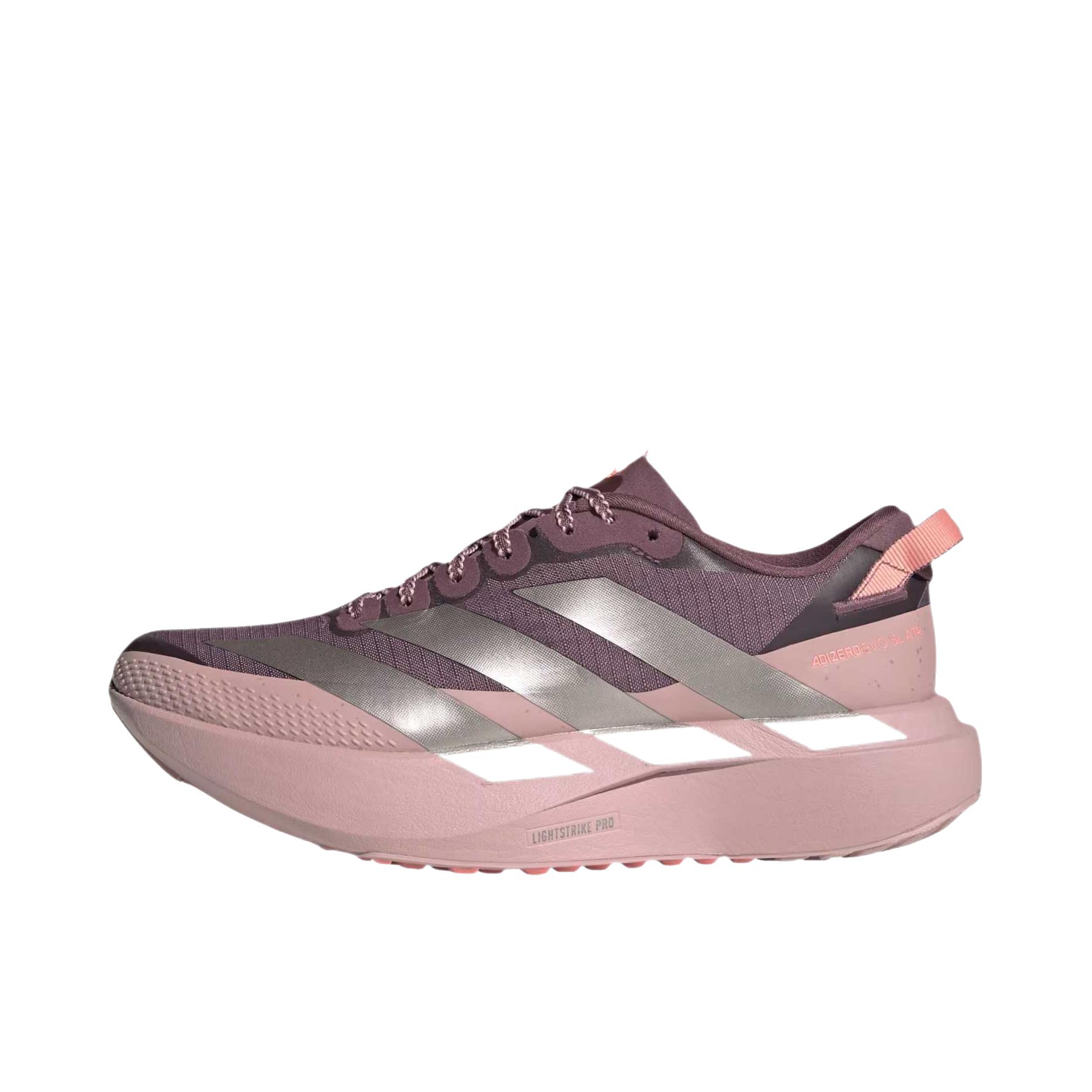 推荐商品：adidas ADIZERO EVO SL ATR 跑鞋 舒适百搭防滑耐磨防水回弹网布贴合支撑 低帮/暗影无花果色/金属灰褐色/双色丁香色