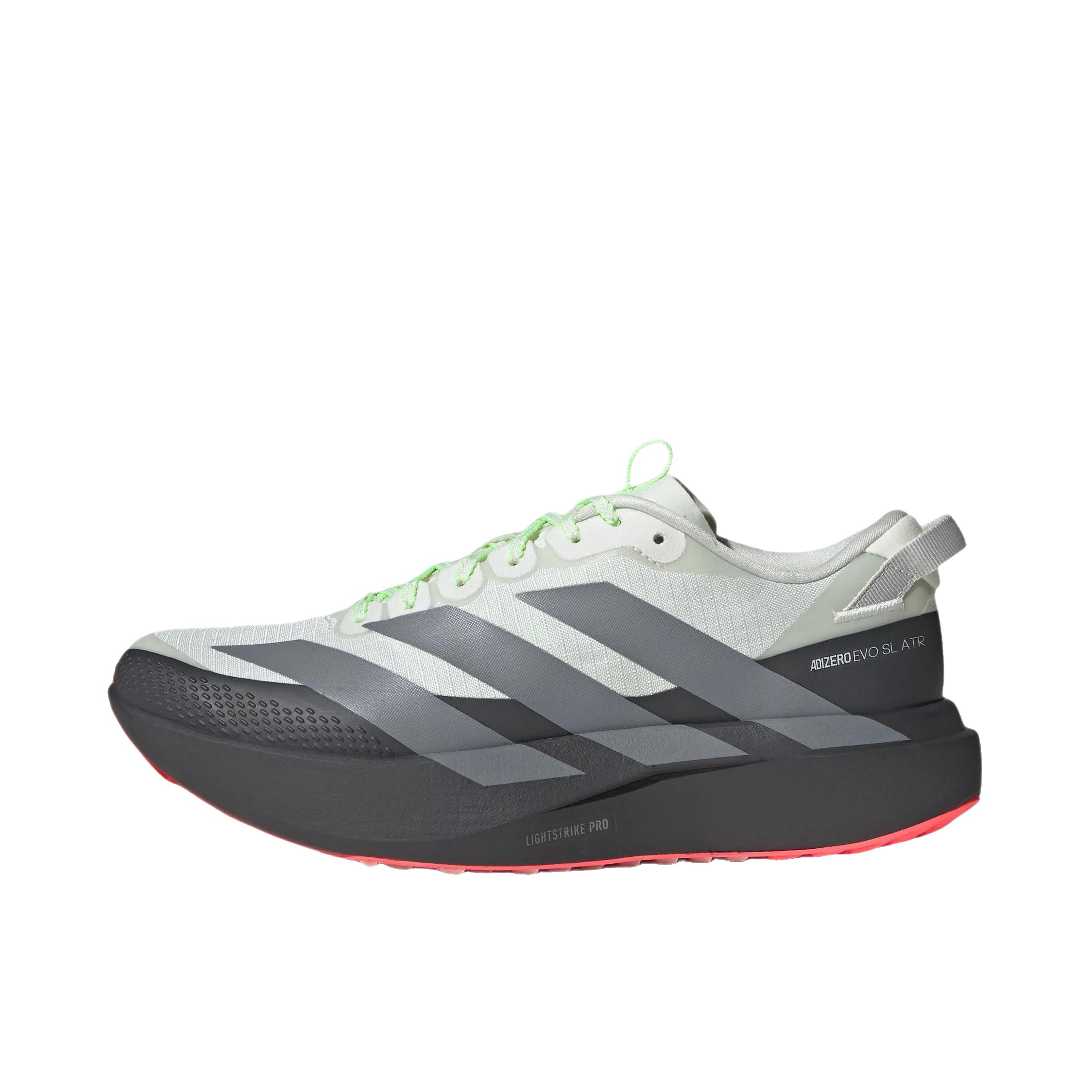 推荐商品：adidas ADIZERO EVO SL ATR 跑鞋 舒适百搭防滑耐磨防水回弹网布贴合支撑 低帮/浅白色/淡灰色