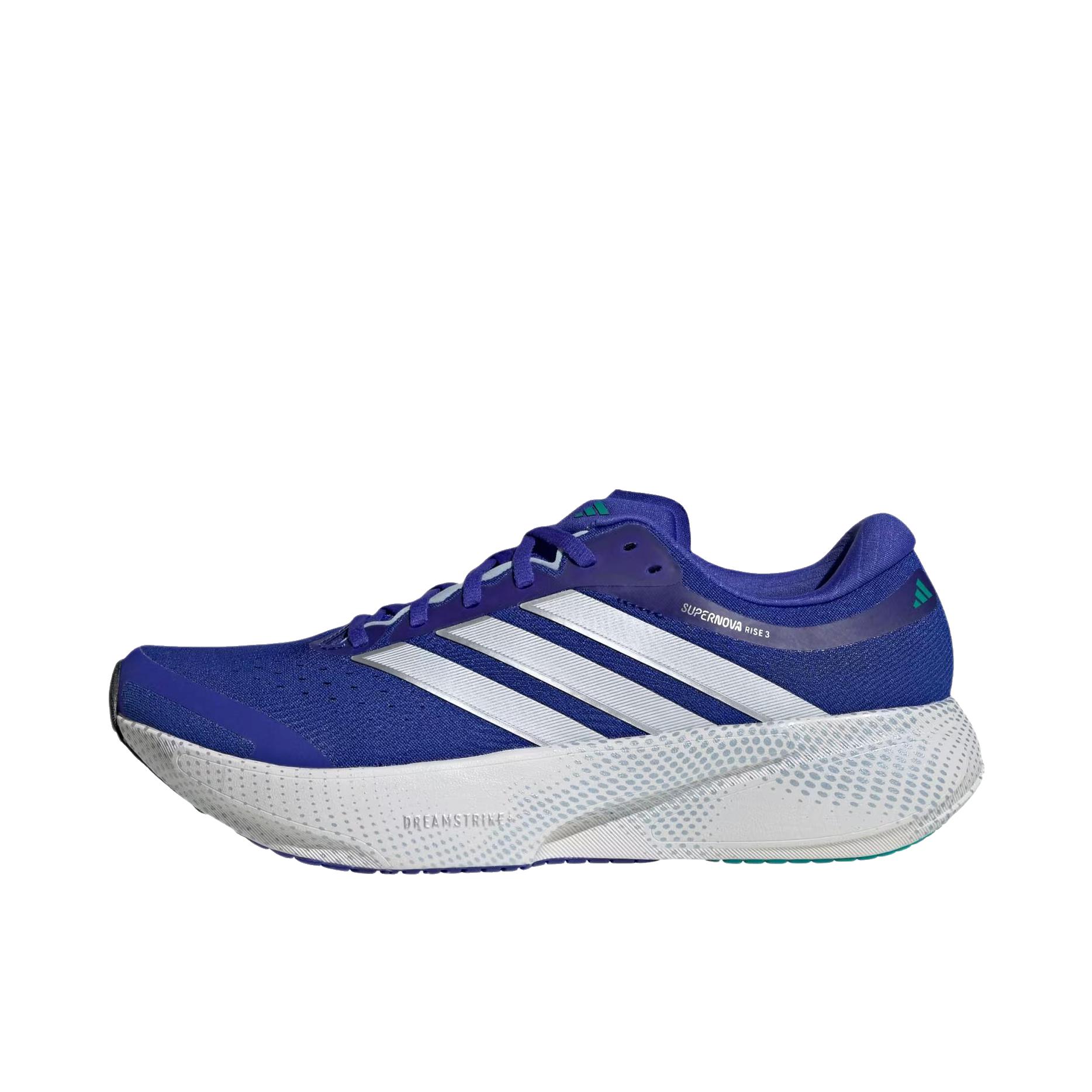 推荐商品：adidas SUPERNOVA RISE 3 跑鞋 百搭时尚舒适回弹防滑贴合支撑体测稳定慢跑 低帮/清澈蓝/云白色/纯正蓝绿色 