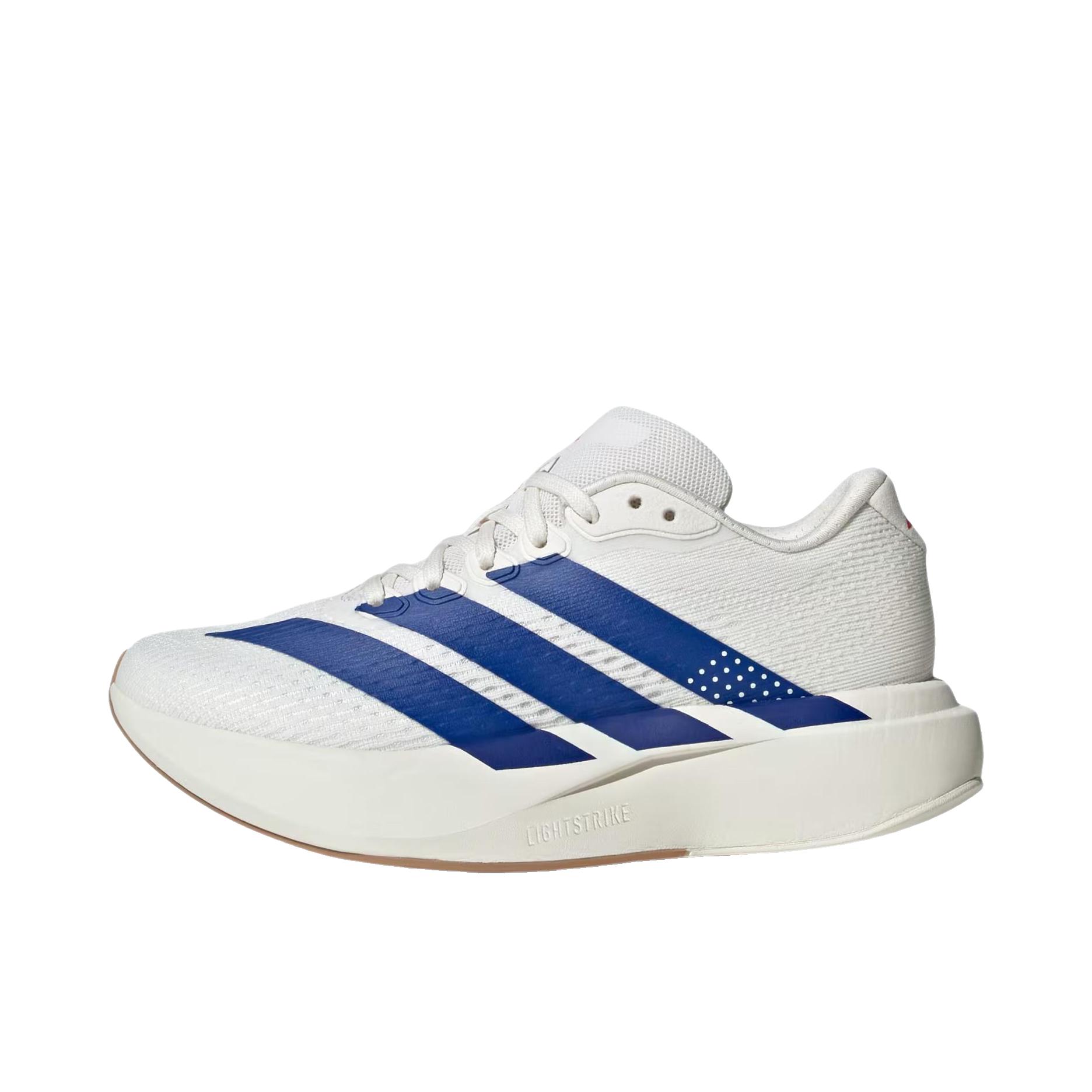 推荐商品：adidas Adizero Pacer 跑鞋 透气回弹圆头橡胶 GS款/纯白色/皇家蓝/纯宝石红