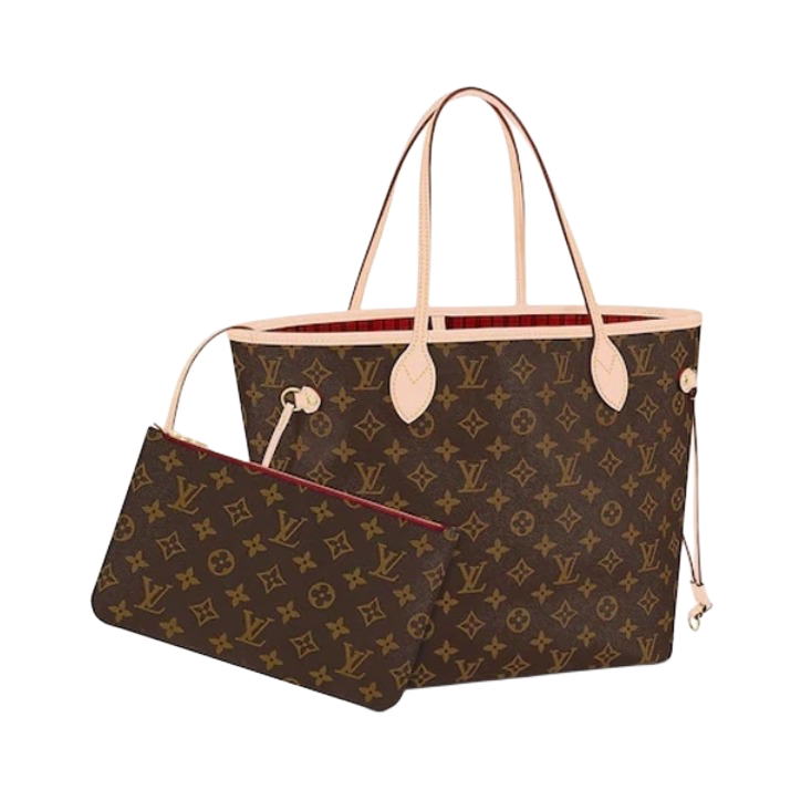 Louis Vuitton/路易威登 Neverfull 中号 老花满印内里涂层帆布拼牛皮饰边 单肩托特子母包手提包 樱桃红内衬