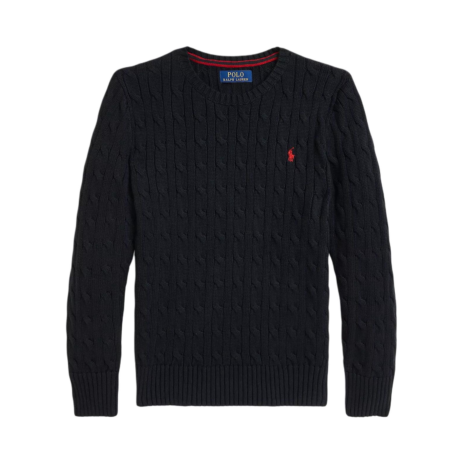 推荐商品：Ralph Lauren/拉夫劳伦童装 新年系列纯色圆领编结棉质粗绞花针织毛衣 男中大童 323702674-043 黑