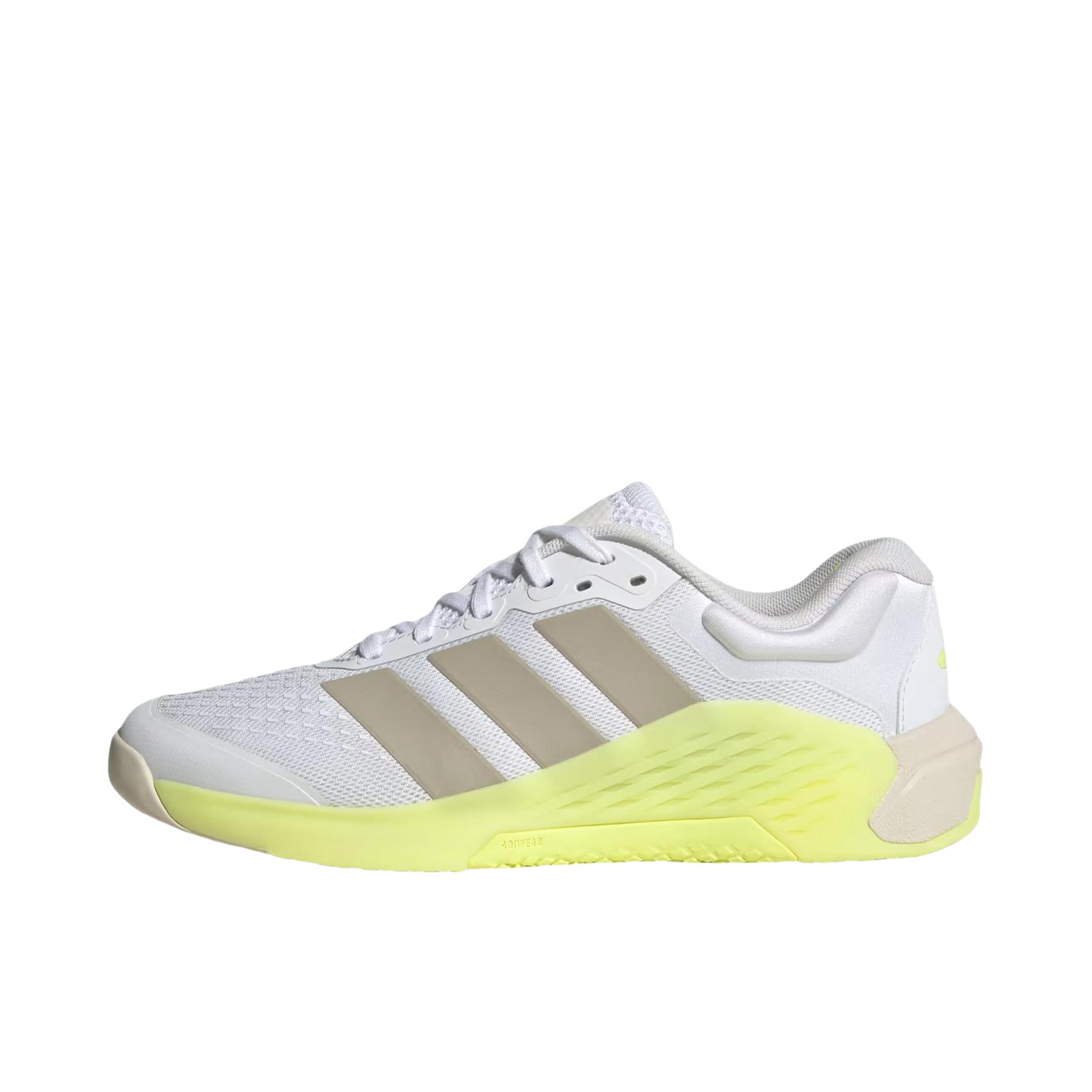 推荐商品：adidas DROPSET 4 训练鞋 厚底圆头舒适稳定回弹网面 低帮/云白色/米色/冰柠檬黄