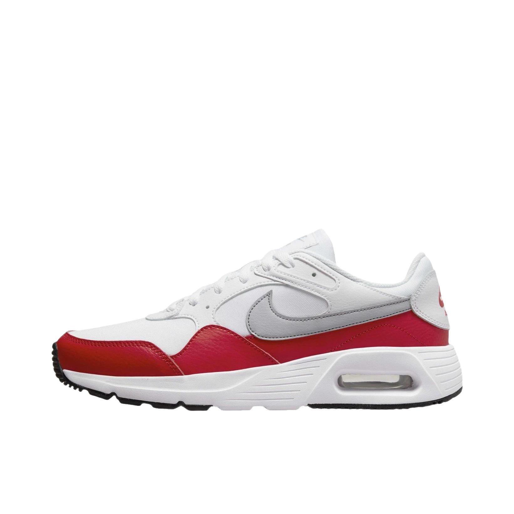 推荐商品：Nike Air Max SC 防滑耐磨 舒适缓震 网布透气 织物 气垫 减震 复古 合成革 耐穿 运动休闲鞋 低帮/女款/白色/红色