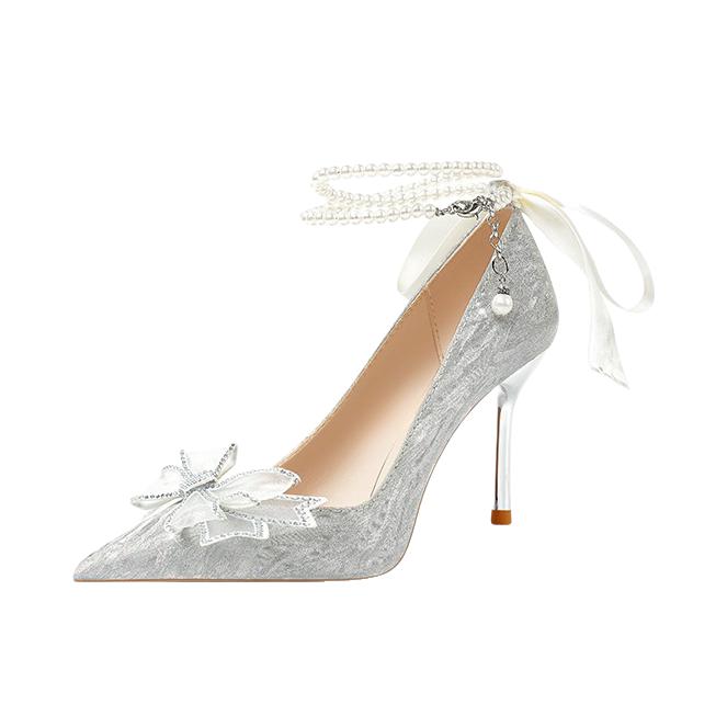 推荐商品：都市丽人 高跟鞋 气质仙女风尖头蝴蝶结 跟高6cm/银色