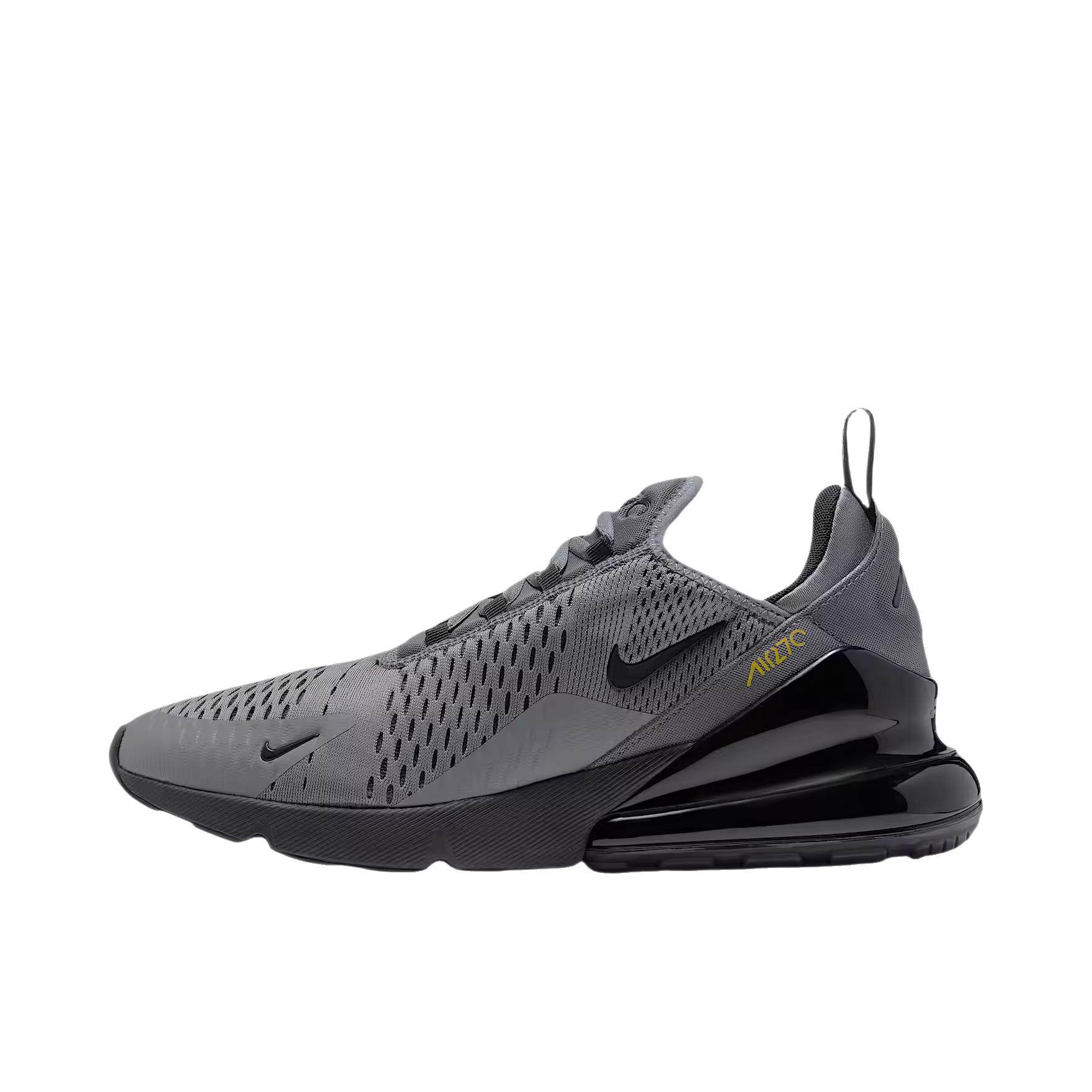 推荐商品：Nike Air Max 270 气垫缓震 轻便透气 耐磨 时尚复古 舒适百搭 防滑 支撑 防水 织物 跑鞋 低帮/烟灰色/铬黄色/深烟灰色/黑色