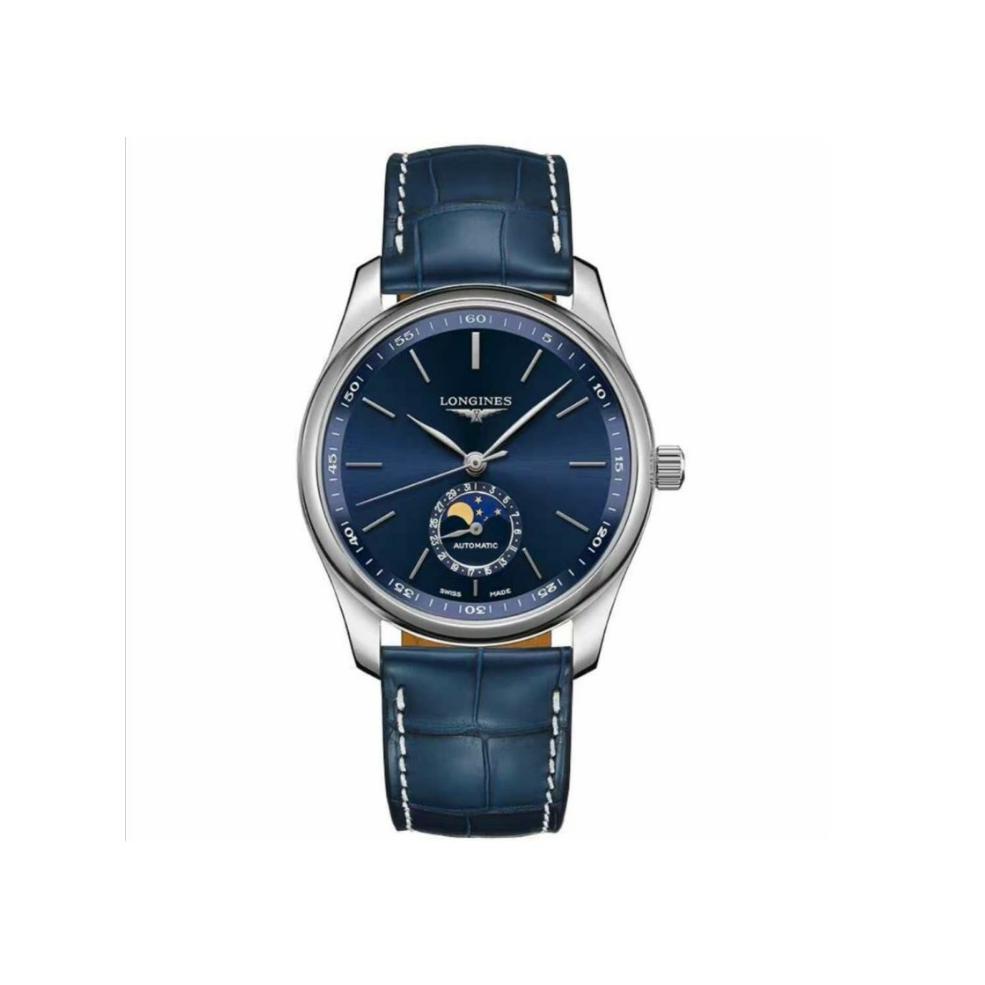 LONGINES/浪琴 名匠 42mm 太阳饰纹十二点位镶钻月相功能真皮表带自动机械男士手表 蓝色表盘 L2.919.4.92.0