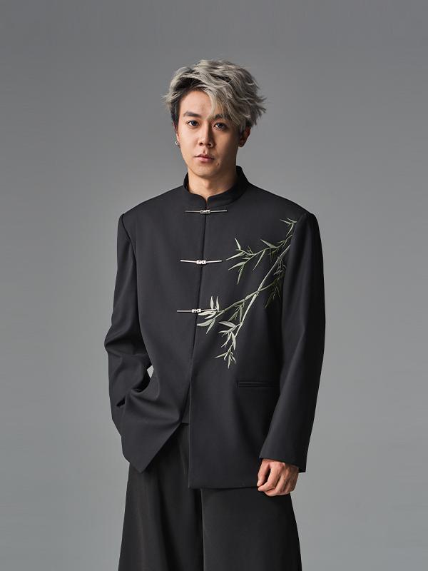 推荐商品：CNEW 新中式系列翠竹金竹刺绣飞机扣立领中山装西装 男女同款 CY233060005 黑