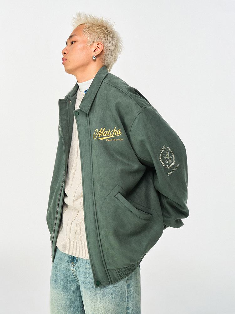 推荐商品：【曾可妮同款】MATCHA STORY 仿麂皮绒加绒刺绣翻领工装夹克 8723662009 墨绿