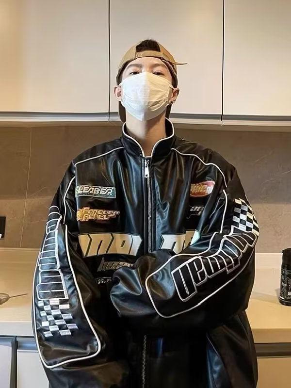 推荐商品：MCYCLE/魅骑 PU美式刺绣高街赛车机车服皮衣外套 男女同款 QK-8888 黑