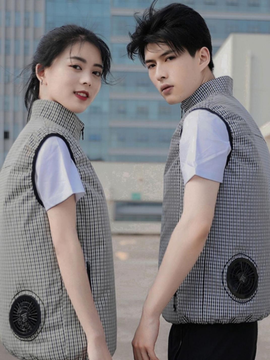 推荐商品：B.S.HORSE/黑仕马 冰袋降温制冷带风扇马甲 男女同款 H1866 格子灰