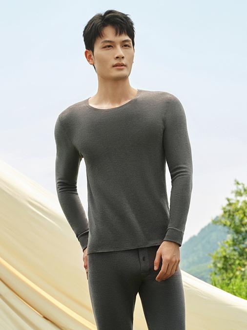 推荐商品：好波  羊绒蚕丝加绒加厚圆领套头保暖内衣套装 HT2303 深空灰