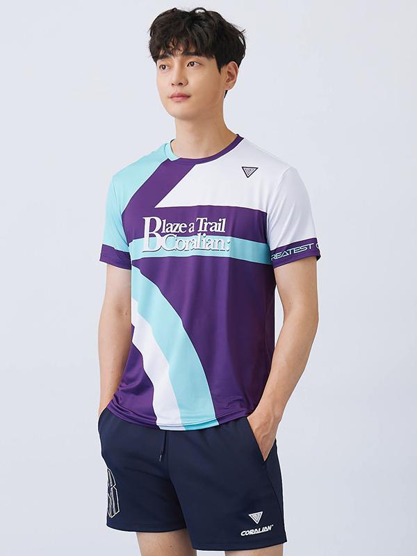 推荐商品：coralian/可莱安 透气速干拼色短袖羽毛球服 男女同款 CRTC2391 男/上装紫+下装黑