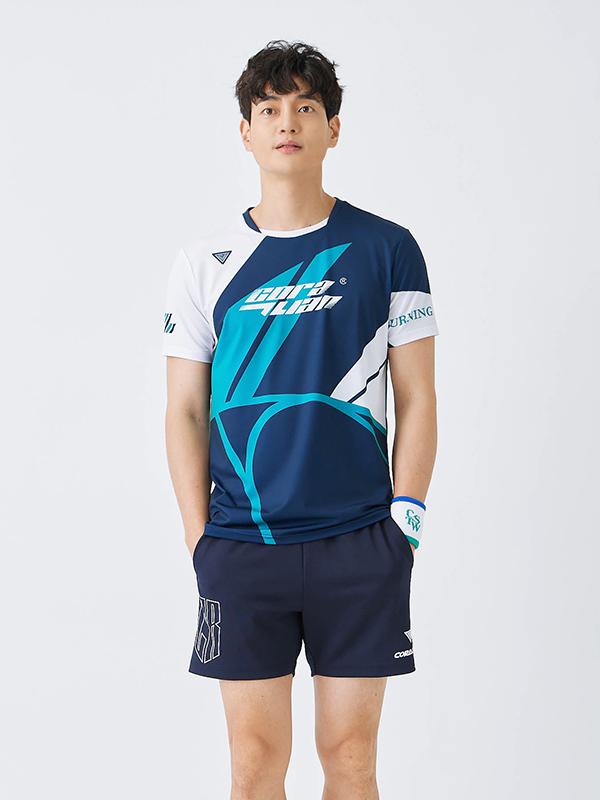 推荐商品：coralian/可莱安 透气拼色短袖圆领羽毛球服 男女同款 CRTC2382 男/上装蓝+下装黑