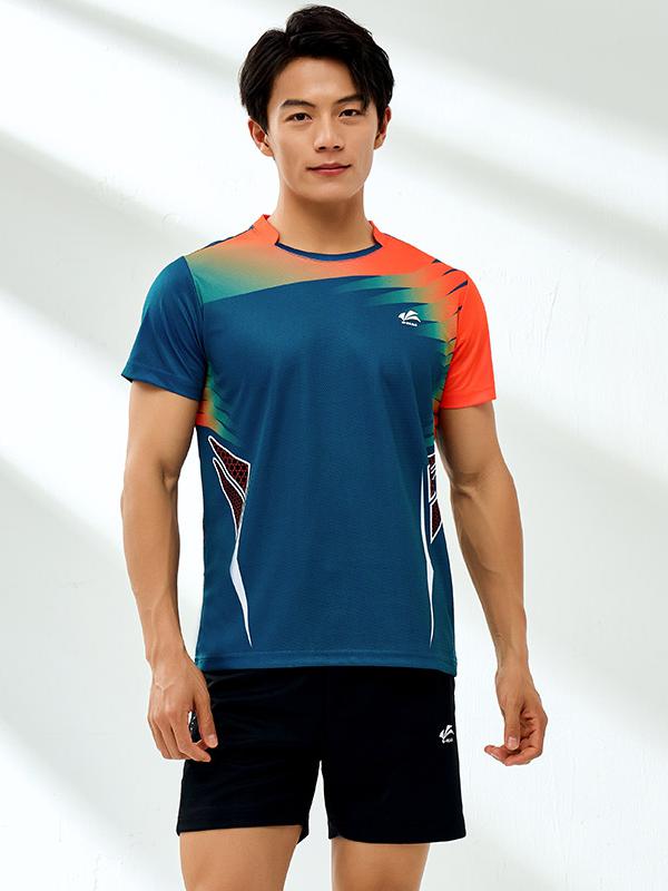 推荐商品：butiky/速迈 速干透气拼色羽毛球服 SM1060 上装墨蓝短袖+下装黑长裤/男