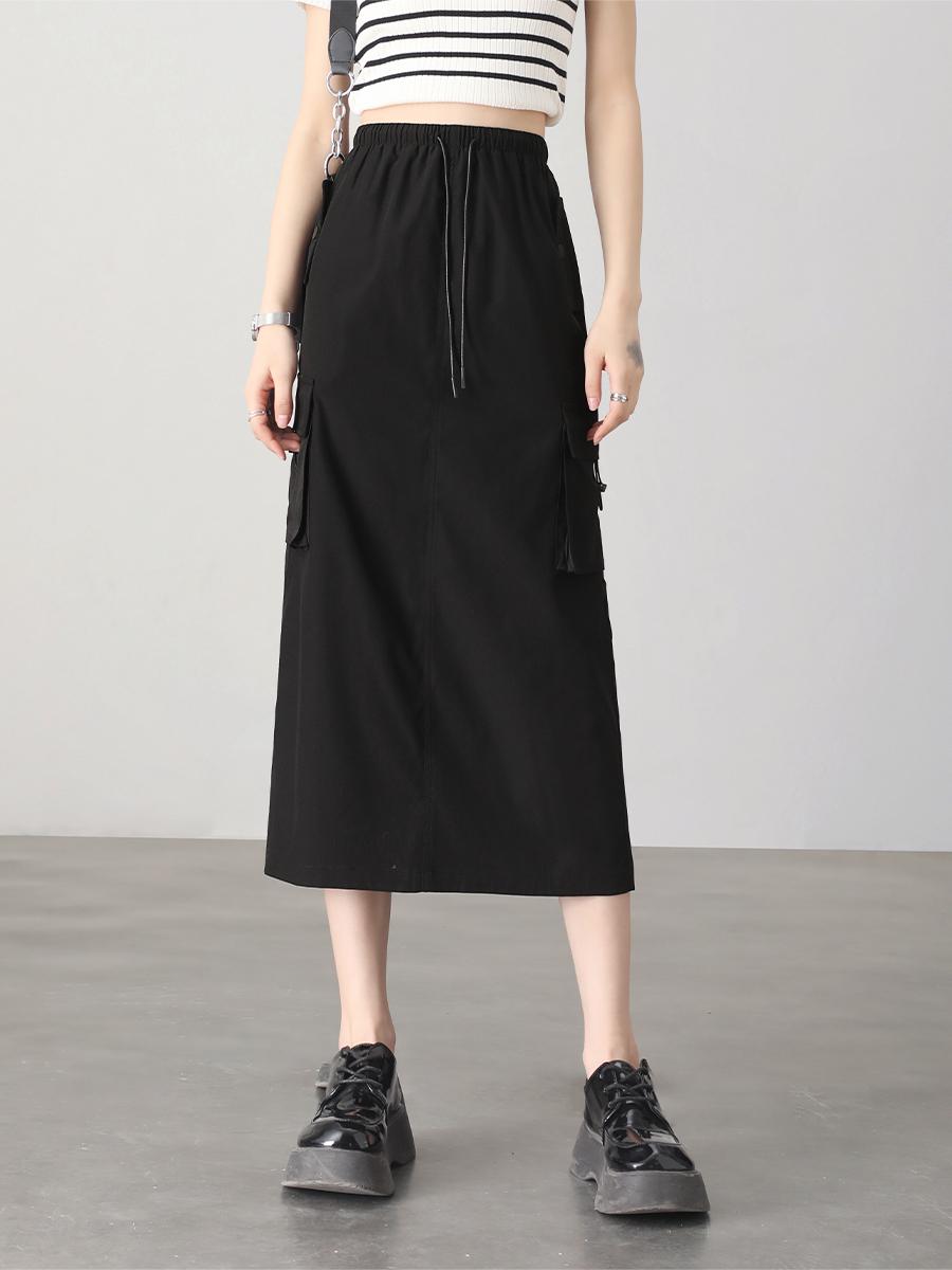 推荐商品：HIPPIE MISS/嬉皮少女 工装松紧腰后开叉直筒半身长裙 女装 Y22984XV 黑