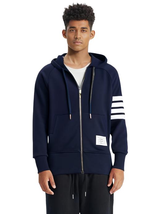 推荐商品：【库里同款】Thom Browne 格雷系四条纹袖标针织棉质拉链抽绳连帽长袖卫衣 MJT022H00535 蓝