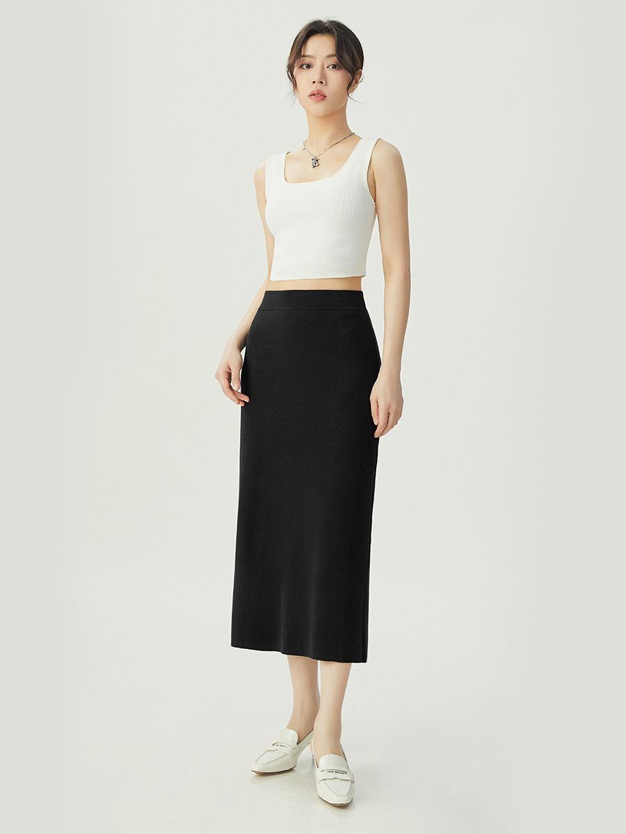 推荐商品：GIRDEAR/哥弟  纯色高腰休闲半身长裙 女装 A200263-4T16541-750 黑