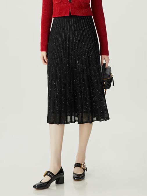 推荐商品：GIRDEAR/哥弟  珠片葱纱松紧腰百褶半身长裙 女装 A200252-4T63011-732 黑