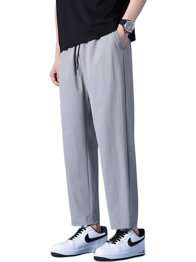 推荐商品：HIKZ  美式纯色冰丝速干系带松紧直筒九分休闲长裤 男女同款 HZK21-G 浅灰